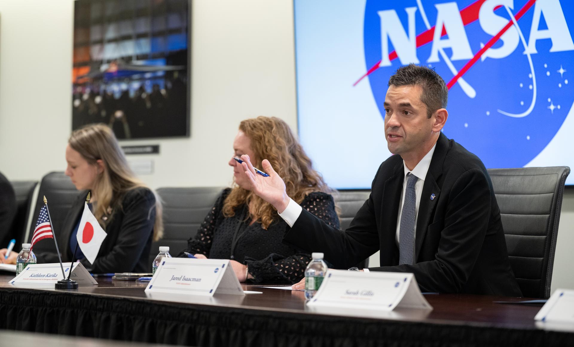 NASA Administrator Jared Isaacman, right, speaks alongside NASA staff during a meeting with Jun Sawada, Chairman of Japan’s National Space Policy Committee (NSPC), Monday, Aug. 24, 2026, at the Mary W. Jackson NASA Headquarters building in Washington. Photo Credit: (NASA/Keegan Barber)