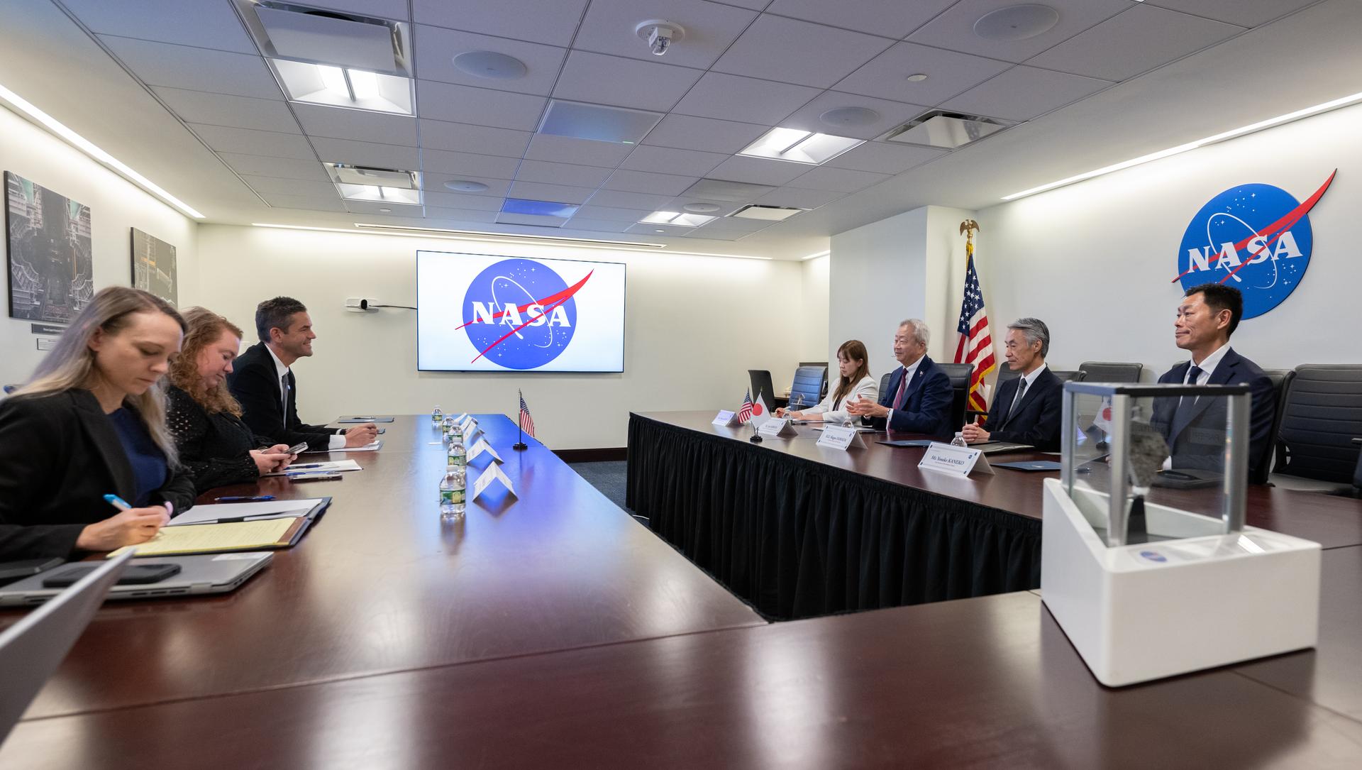 Jun Sawada, Chairman of Japan’s National Space Policy Committee (NSPC), third from right, speaks during a meeting with NASA Administrator Jared Isaacman Monday, Aug. 24, 2026, at the Mary W. Jackson NASA Headquarters building in Washington. Photo Credit: (NASA/Keegan Barber)