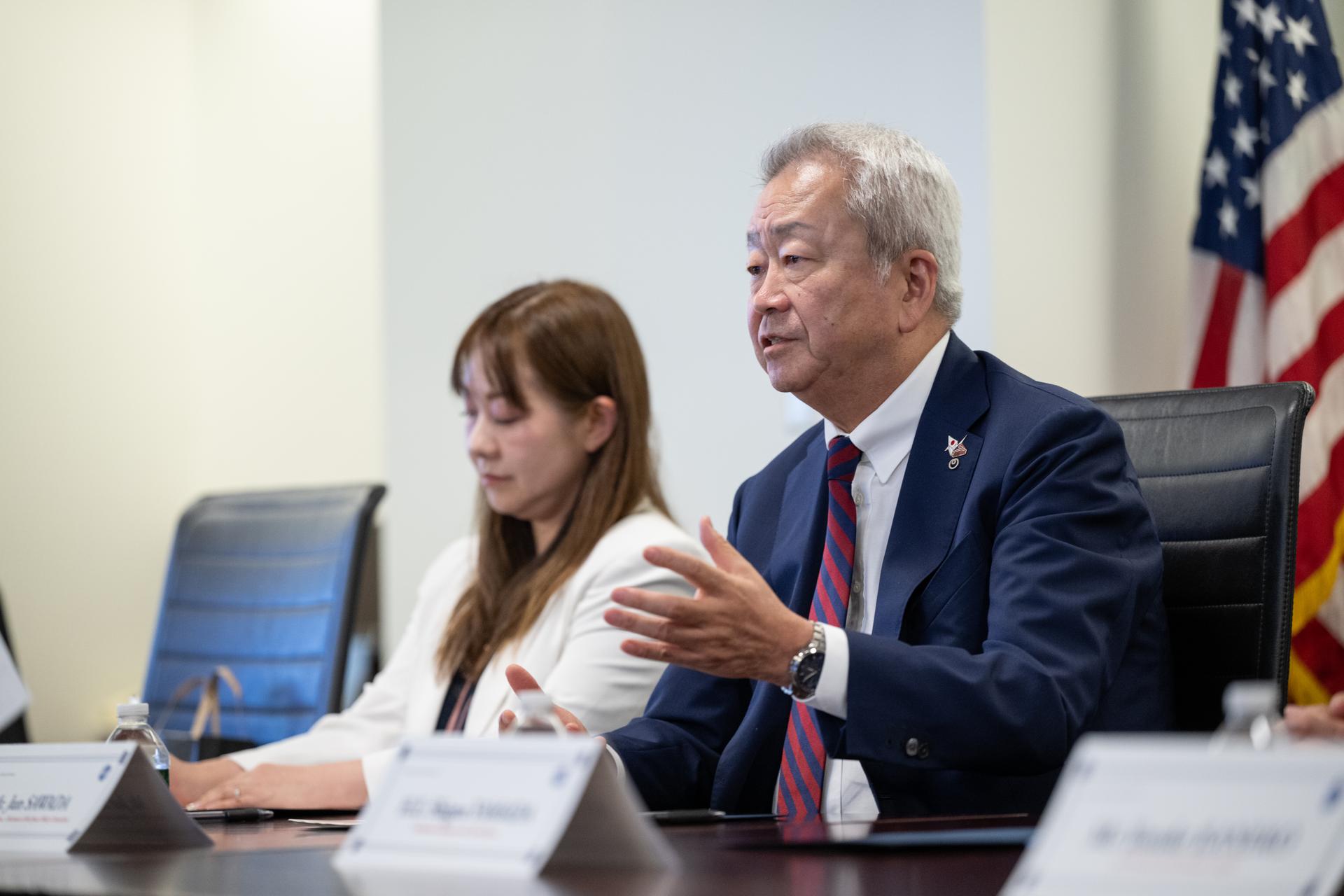 Jun Sawada, Chairman of Japan’s National Space Policy Committee (NSPC), right, speaks during a meeting with NASA Administrator Jared Isaacman Monday, Aug. 24, 2026, at the Mary W. Jackson NASA Headquarters building in Washington. Photo Credit: (NASA/Keegan Barber)