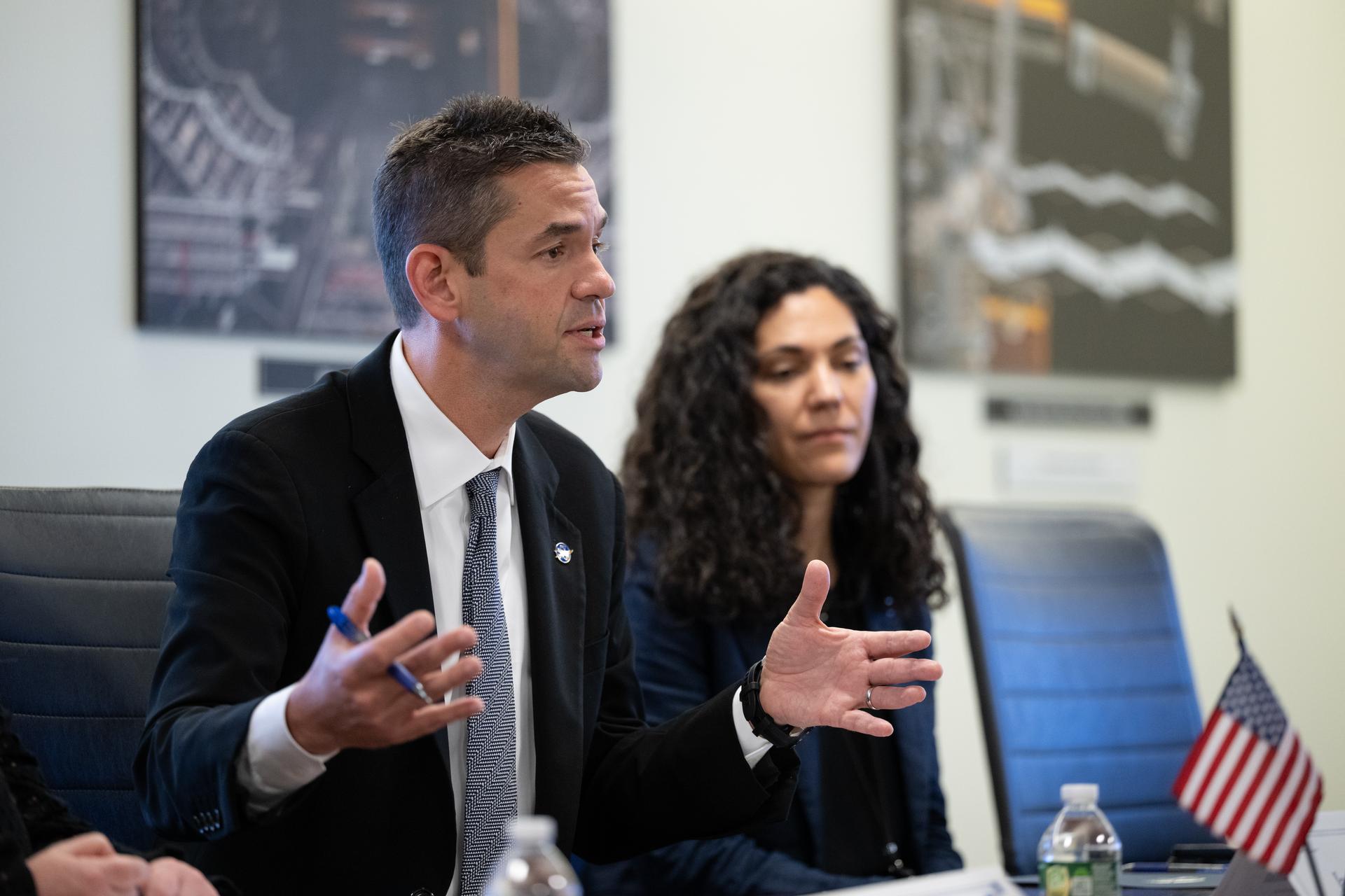 NASA Administrator Jared Isaacman, left, speaks alongside NASA staff during a meeting with Jun Sawada, Chairman of Japan’s National Space Policy Committee (NSPC), Monday, Aug. 24, 2026, at the Mary W. Jackson NASA Headquarters building in Washington. Photo Credit: (NASA/Keegan Barber)
