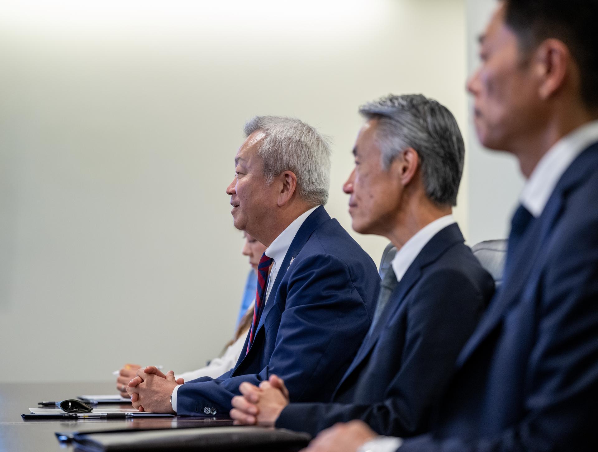 Jun Sawada, Chairman of Japan’s National Space Policy Committee (NSPC), left, speaks alongside Ambassador of Japan to the United States Shigeo Yamada, center, and Yosuke Kaneko, First Secretary for the Embassy of Japan, during meeting with NASA Administrator Jared Isaacman Monday, Aug. 24, 2026, at the Mary W. Jackson NASA Headquarters building in Washington. Photo Credit: (NASA/Keegan Barber)