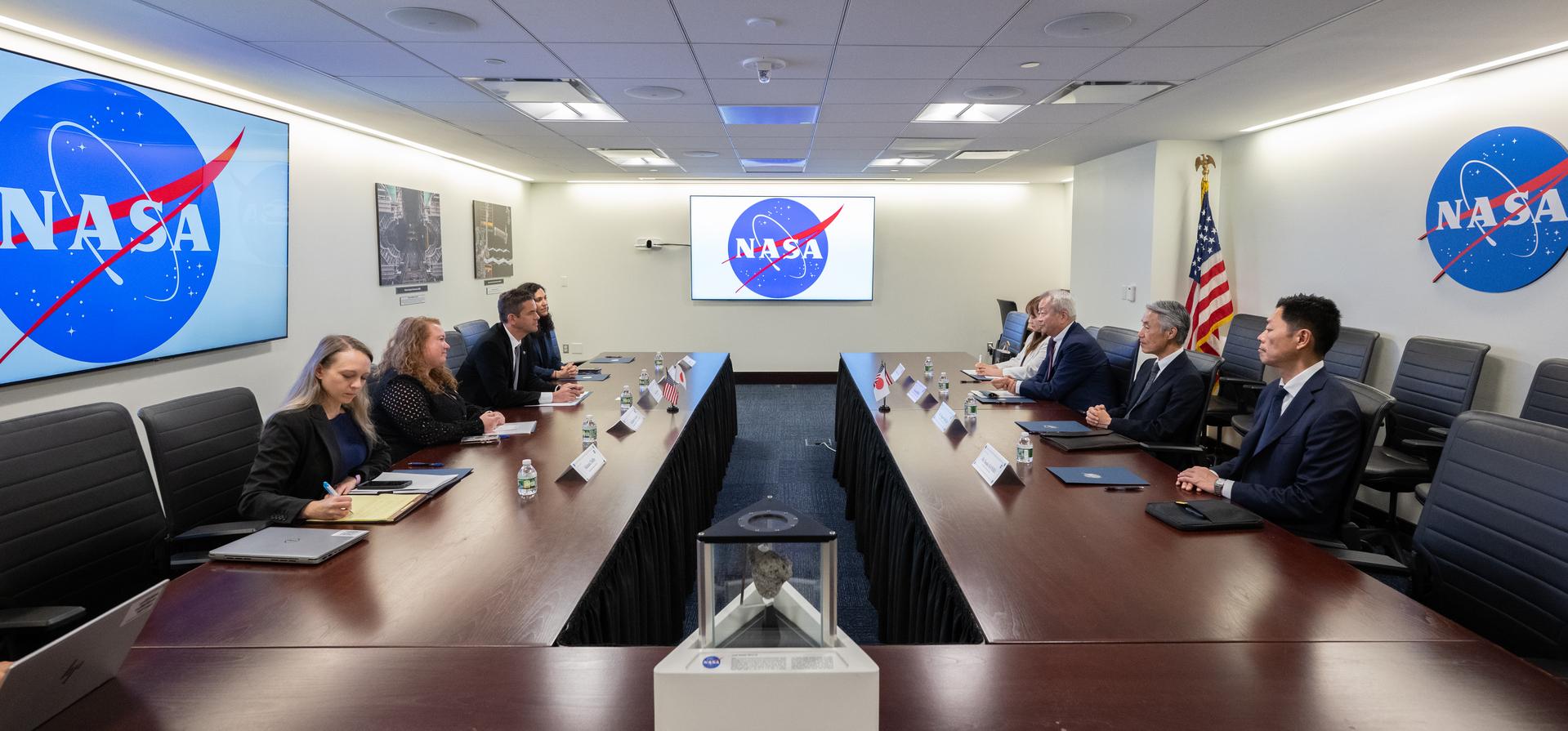 Jun Sawada, Chairman of Japan’s National Space Policy Committee (NSPC), third from right, speaks during a meeting with NASA Administrator Jared Isaacman Monday, Aug. 24, 2026, at the Mary W. Jackson NASA Headquarters building in Washington. Photo Credit: (NASA/Keegan Barber)