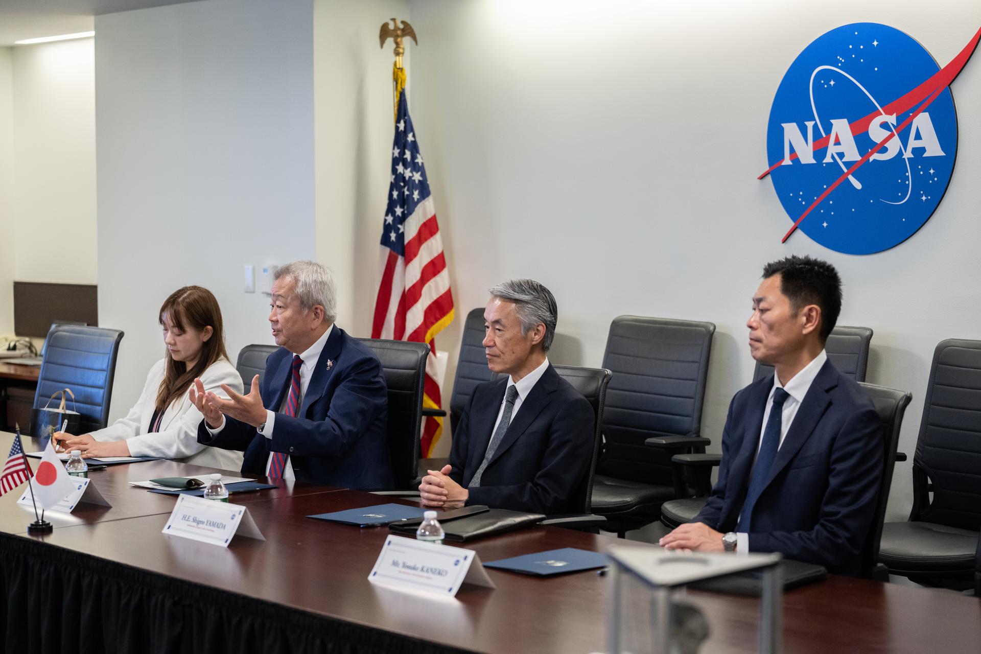 Jun Sawada, Chairman of Japan’s National Space Policy Committee (NSPC), second from left, speaks alongside Madoka Ikeda, Secretary of Chairman, left, Ambassador of Japan to the United States Shigeo Yamada, second from right, and Yosuke Kaneko, First Secretary for the Embassy of Japan, right, during a meeting with NASA Administrator Jared Isaacman, Monday, Aug. 24, 2026, at the Mary W. Jackson NASA Headquarters building in Washington. Photo Credit: (NASA/Keegan Barber)
