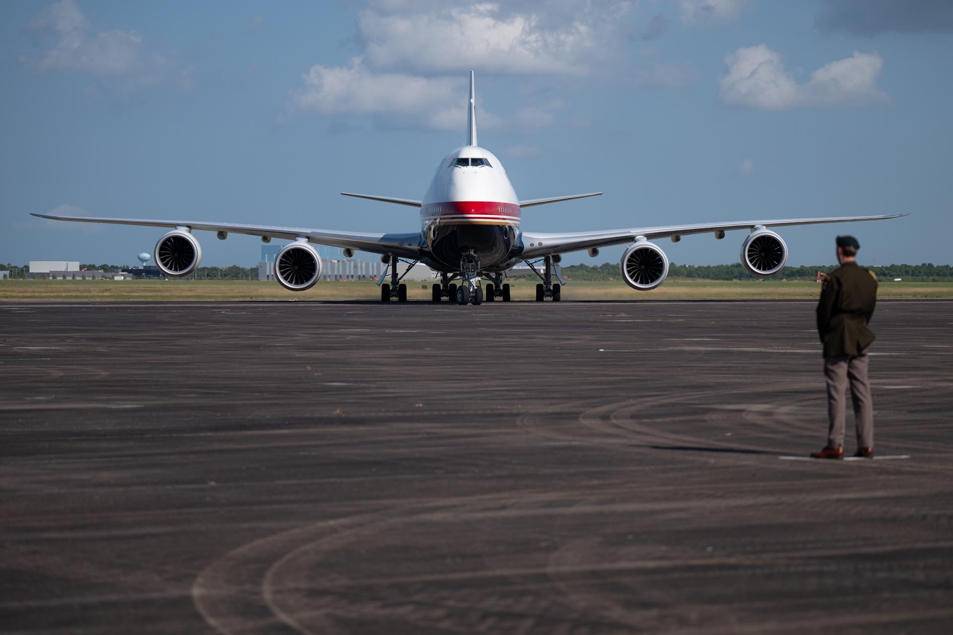 Air Force One is seen after landing, Thursday, Aug. 27, 2026, at Ellington Field Joint Reserve Base in Houston, Texas. President Trump is visiting NASA’s Johnson Space Center to award the Congressional Space Medal of Honor to the Artemis II crew on Friday, Aug. 28. Photo Credit: (NASA/John Kraus)