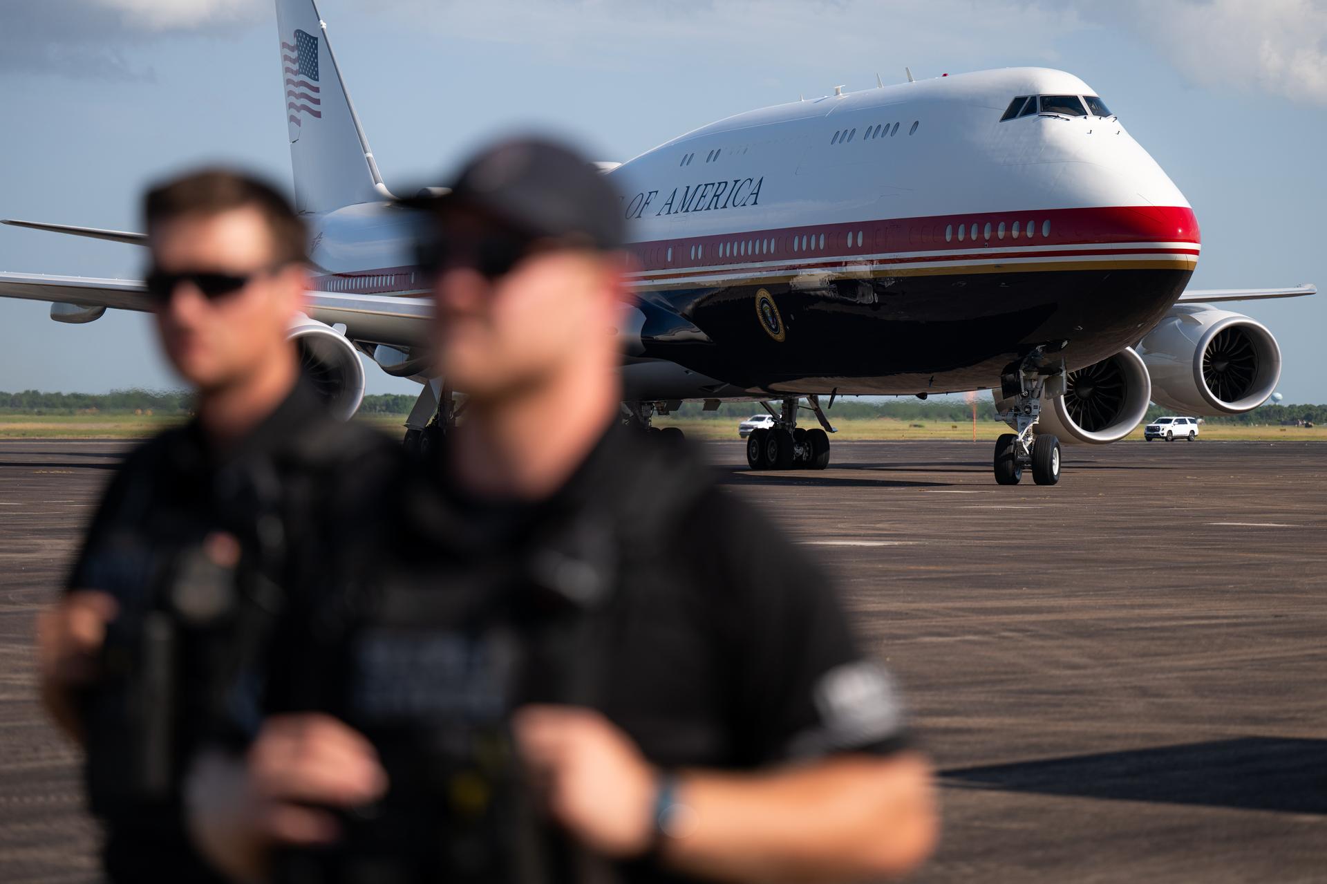 Air Force One is seen after landing, Thursday, Aug. 27, 2026, at Ellington Field Joint Reserve Base in Houston, Texas. President Trump is visiting NASA’s Johnson Space Center to award the Congressional Space Medal of Honor to the Artemis II crew on Friday, Aug. 28. Photo Credit: (NASA/John Kraus)