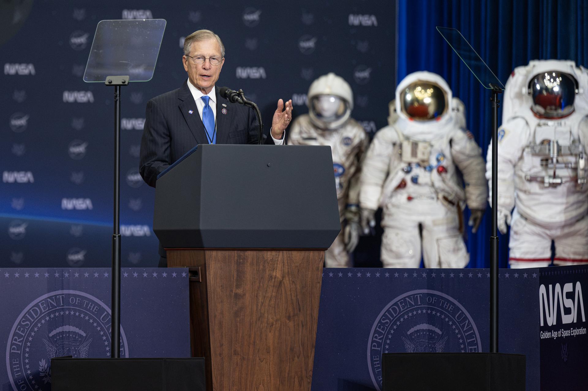 U.S. Representative Brian Babin of Texas's 36th congressional district speaks during an event to award the Congressional Space Medal of Honor to the Artemis II crew, Friday, Aug. 28, 2026, at NASA's Johnson Space Center in Houston, Texas. The Artemis II crew completed their approximately ten-day mission around the Moon in April 2026 and are the 31st, 32nd, 33rd, and 34th astronauts to receive the award. Photo Credit: (NASA/John Kraus)