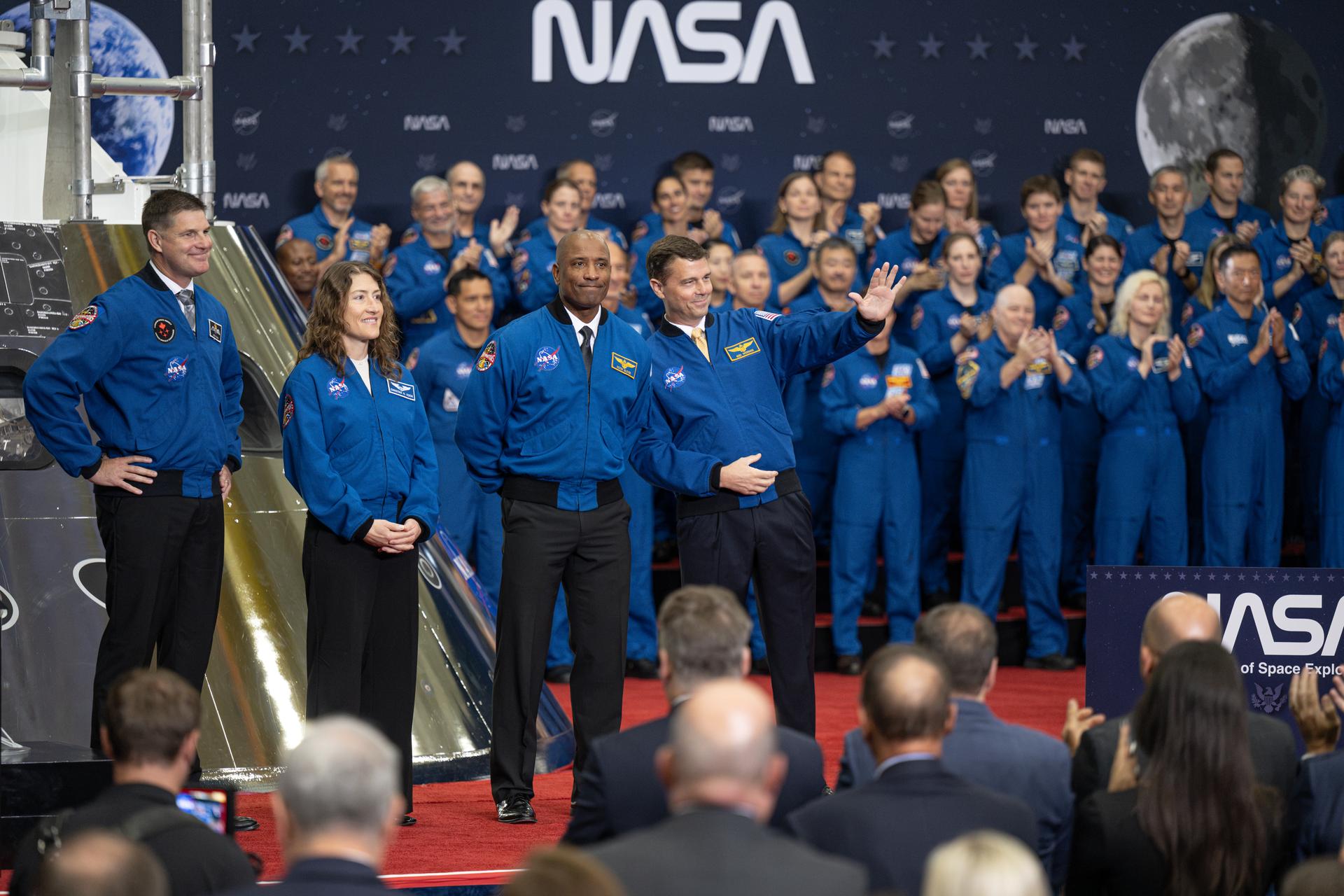 The Artemis II crew of Candian Space Agency astronaut mission specialist Jeremy Hansen and NASA astronauts mission specialist Christina Koch, pilot Victor Glover, and commander Reid Wiseman are seen during an event to award the Congressional Space Medal of Honor to the Artemis II crew, Friday, Aug. 28, 2026, at NASA's Johnson Space Center in Houston, Texas. The Artemis II crew completed their approximately ten-day mission around the Moon in April 2026 and are the 31st, 32nd, 33rd, and 34th astronauts to receive the award. Photo Credit: (NASA/John Kraus)