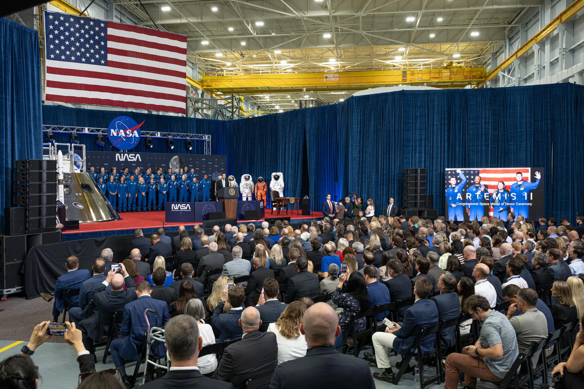 NASA Administrator Jared Isaacman speaks during an event to award the Congressional Space Medal of Honor to the Artemis II crew, Friday, Aug. 28, 2026, at NASA's Johnson Space Center in Houston, Texas. The Artemis II crew completed their approximately ten-day mission around the Moon in April 2026 and are the 31st, 32nd, 33rd, and 34th astronauts to receive the award. Photo Credit: (NASA/John Kraus)