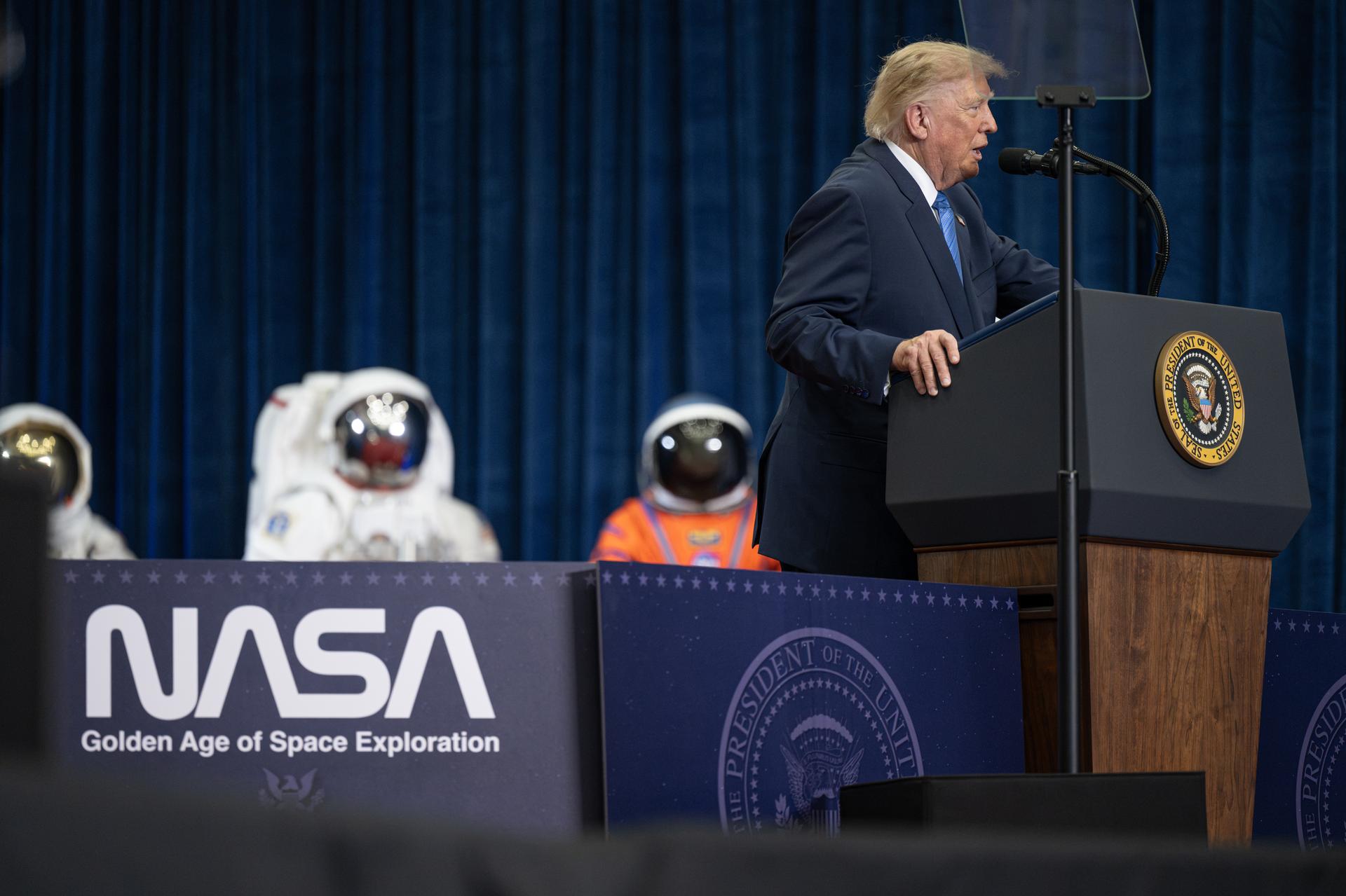 President Donald Trump speaks during an event to award the Congressional Space Medal of Honor to the Artemis II crew, Friday, Aug. 28, 2026, at NASA's Johnson Space Center in Houston, Texas. The Artemis II crew completed their approximately ten-day mission around the Moon in April 2026 and are the 31st, 32nd, 33rd, and 34th astronauts to receive the award. Photo Credit: (NASA/John Kraus)