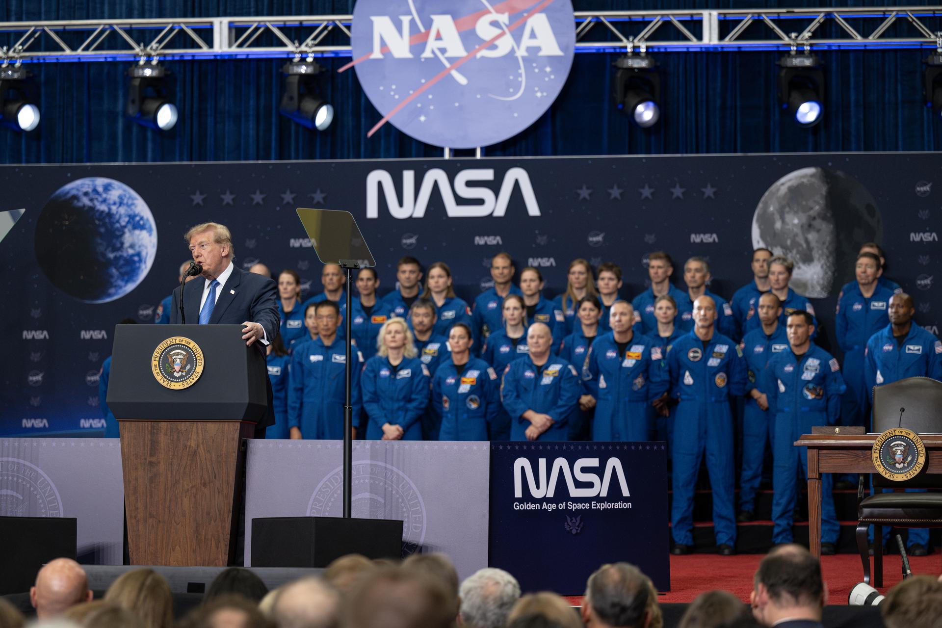 President Donald Trump speaks during an event to award the Congressional Space Medal of Honor to the Artemis II crew, Friday, Aug. 28, 2026, at NASA's Johnson Space Center in Houston, Texas. The Artemis II crew completed their approximately ten-day mission around the Moon in April 2026 and are the 31st, 32nd, 33rd, and 34th astronauts to receive the award. Photo Credit: (NASA/John Kraus)