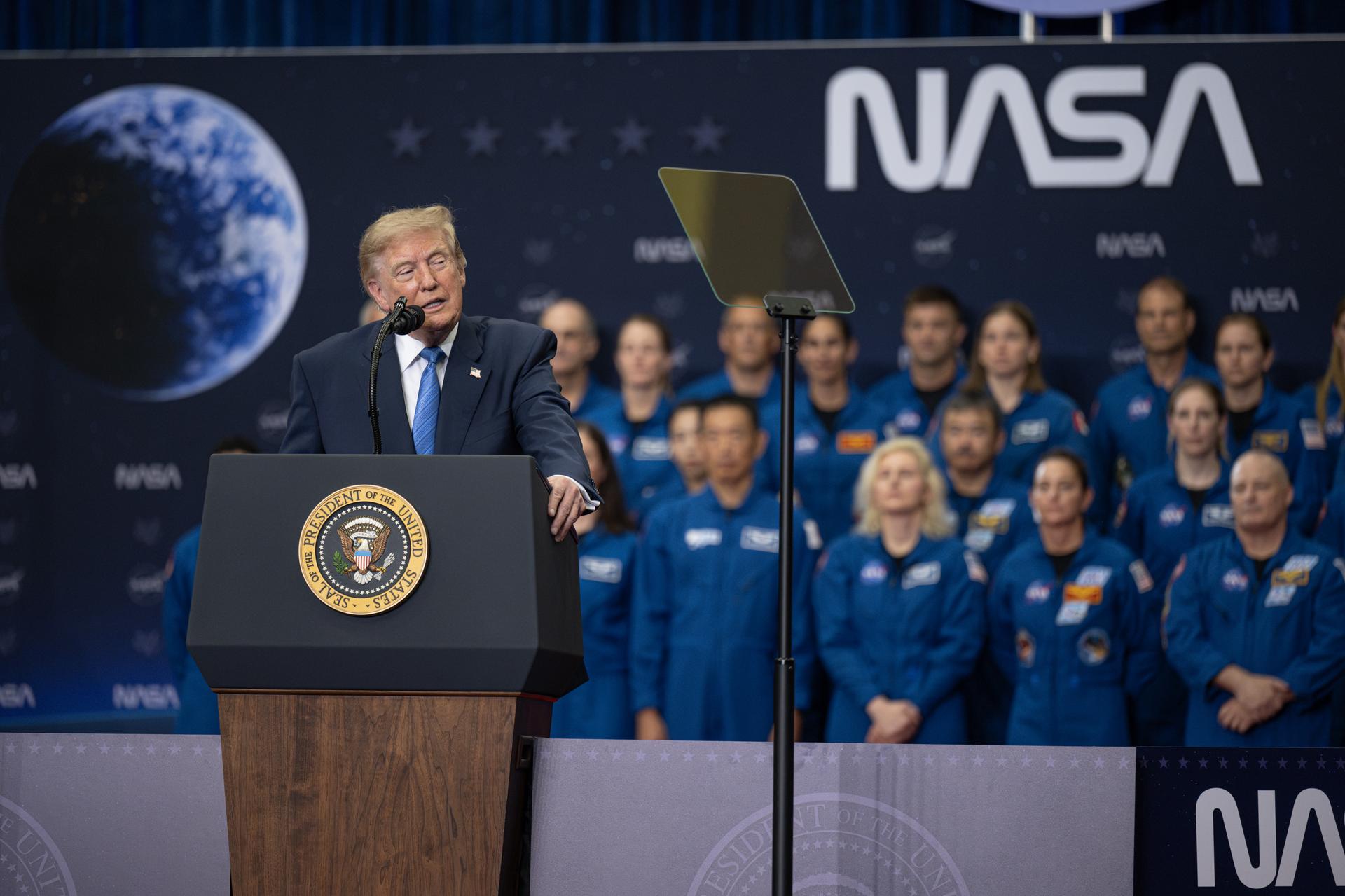 President Donald Trump speaks during an event to award the Congressional Space Medal of Honor to the Artemis II crew, Friday, Aug. 28, 2026, at NASA's Johnson Space Center in Houston, Texas. The Artemis II crew completed their approximately ten-day mission around the Moon in April 2026 and are the 31st, 32nd, 33rd, and 34th astronauts to receive the award. Photo Credit: (NASA/John Kraus)