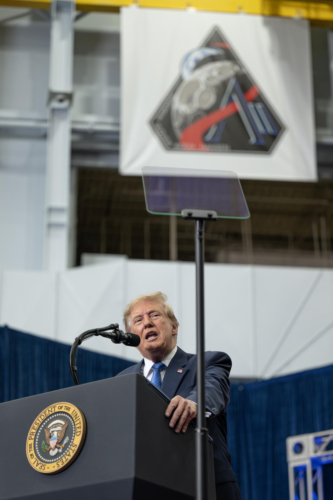 President Donald Trump speaks during an event to award the Congressional Space Medal of Honor to the Artemis II crew, Friday, Aug. 28, 2026, at NASA's Johnson Space Center in Houston, Texas. The Artemis II crew completed their approximately ten-day mission around the Moon in April 2026 and are the 31st, 32nd, 33rd, and 34th astronauts to receive the award. Photo Credit: (NASA/John Kraus)