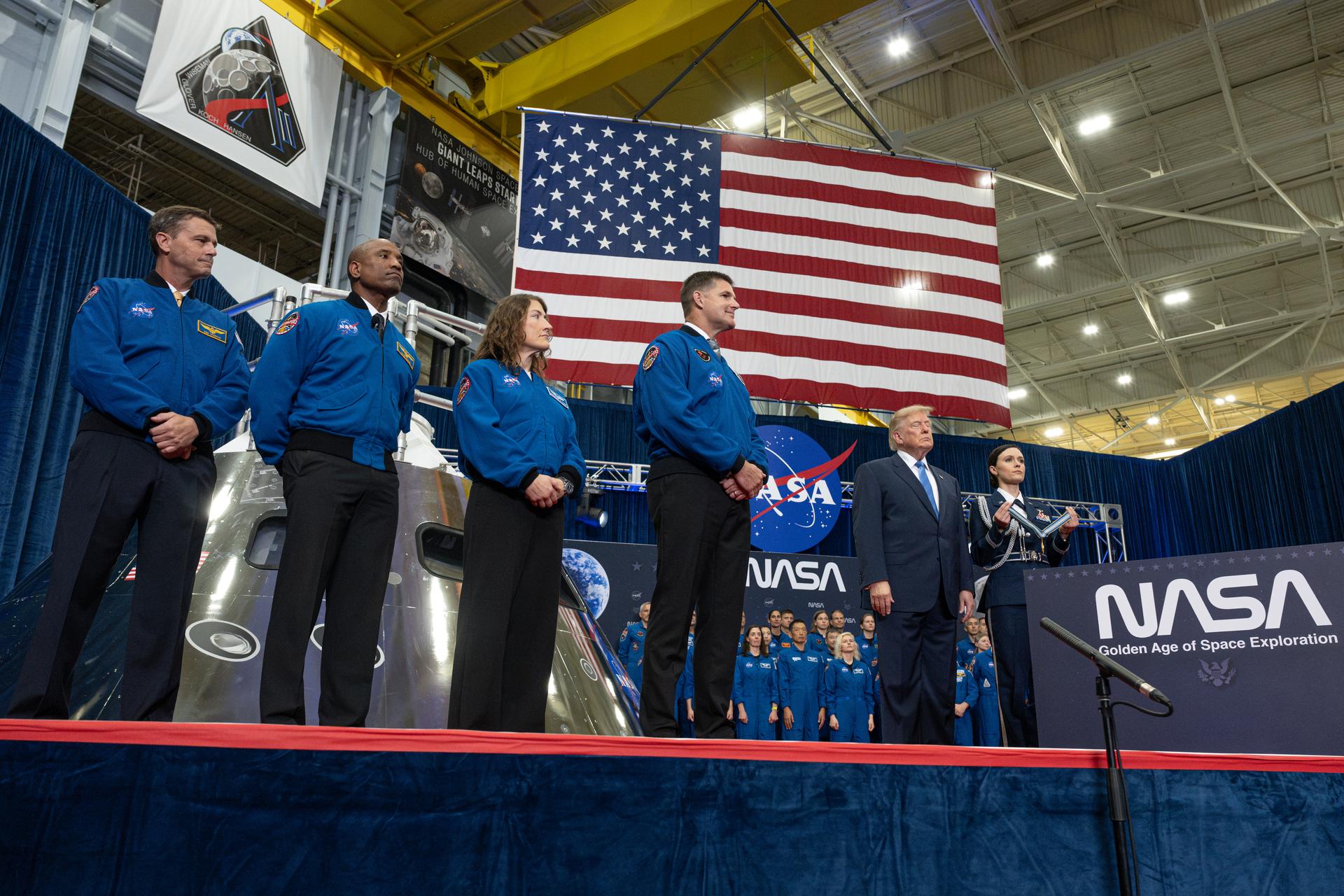 The Artemis II crew of NASA astronauts commander Reid Wiseman, pilot Victor Glover and mission specialist Christina Koch, and Canadian Space Agency astronaut mission specialist Jeremy Hansen, and President Donald Trump are seen during an event to award the Congressional Space Medal of Honor to the Artemis II crew, Friday, Aug. 28, 2026, at NASA's Johnson Space Center in Houston, Texas. The Artemis II crew completed their approximately ten-day mission around the Moon in April 2026 and are the 31st, 32nd, 33rd, and 34th astronauts to receive the award. Photo Credit: (NASA/John Kraus)