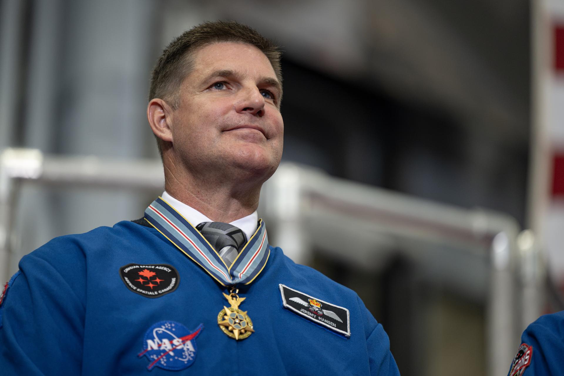 Canadian Space Agency astronaut Artemis II mission specialist Jeremy Hansen is seen during an event to award the Congressional Space Medal of Honor to the Artemis II crew, Friday, Aug. 28, 2026, at NASA's Johnson Space Center in Houston, Texas. The Artemis II crew completed their approximately ten-day mission around the Moon in April 2026 and are the 31st, 32nd, 33rd, and 34th astronauts to receive the award. Photo Credit: (NASA/John Kraus)