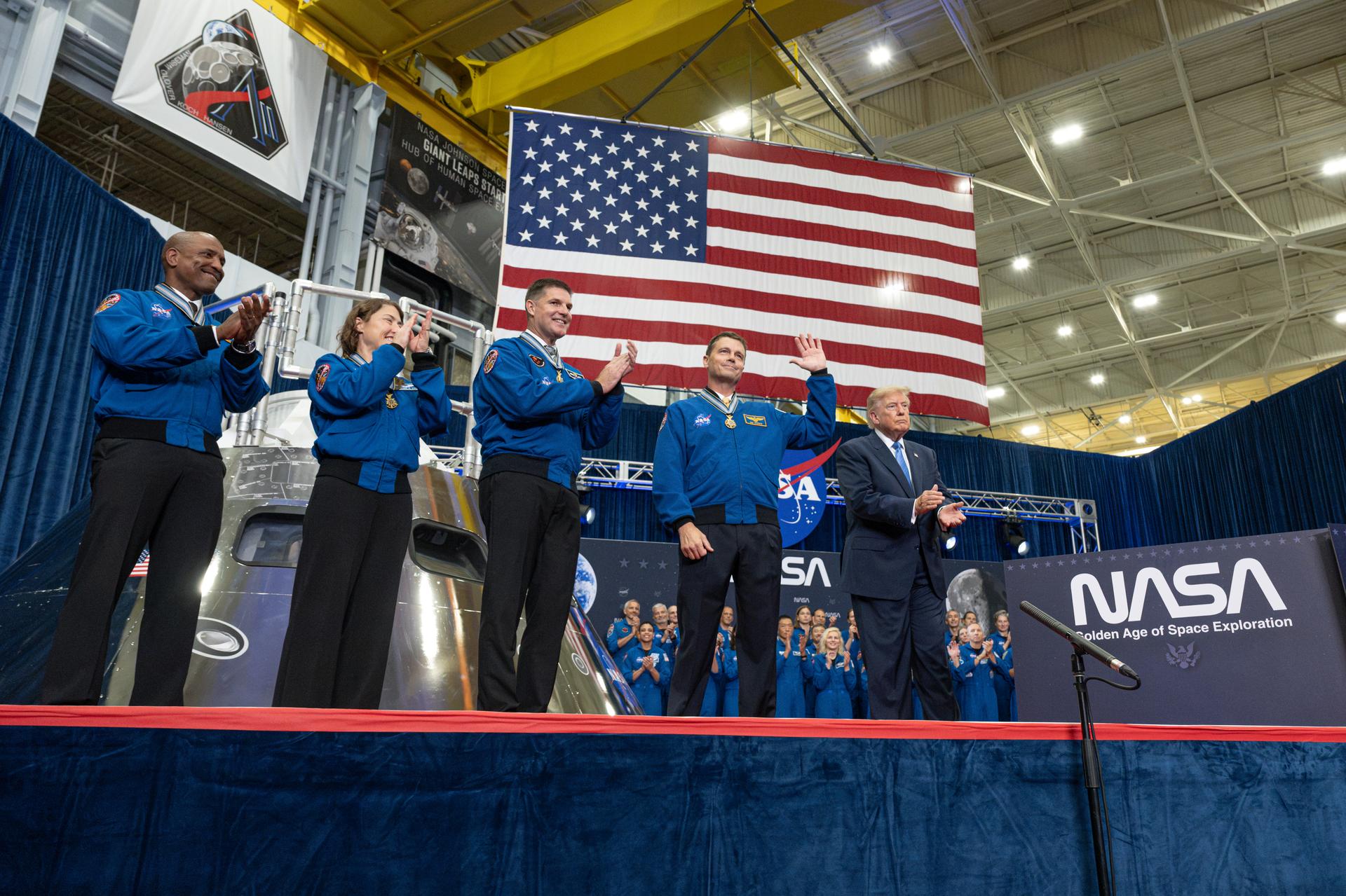 The Artemis II crew of NASA astronauts pilot Victor Glover and mission specialist Christina Koch, Canadian Space Agency astronaut mission specialist Jeremy Hansen, NASA astronaut commander Reid Wiseman, and President Donald Trump are seen during an event to award the Congressional Space Medal of Honor to the Artemis II crew, Friday, Aug. 28, 2026, at NASA's Johnson Space Center in Houston, Texas. The Artemis II crew completed their approximately ten-day mission around the Moon in April 2026 and are the 31st, 32nd, 33rd, and 34th astronauts to receive the award. Photo Credit: (NASA/John Kraus)