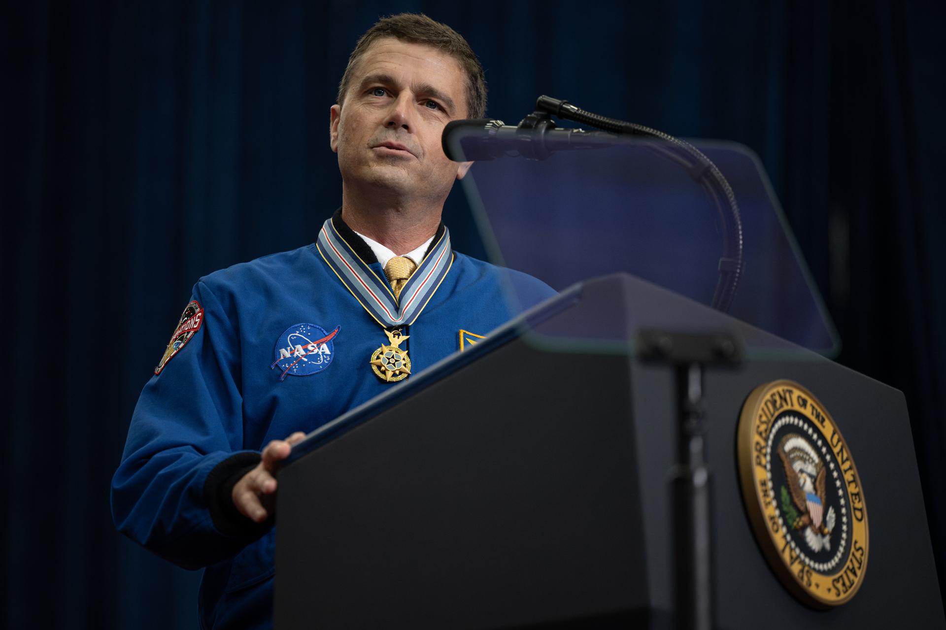 NASA astronaut Artemis II commander Reid Wiseman speaks during an event to award the Congressional Space Medal of Honor to the Artemis II crew, Friday, Aug. 28, 2026, at NASA's Johnson Space Center in Houston, Texas. The Artemis II crew completed their approximately ten-day mission around the Moon in April 2026 and are the 31st, 32nd, 33rd, and 34th astronauts to receive the award. Photo Credit: (NASA/John Kraus)
