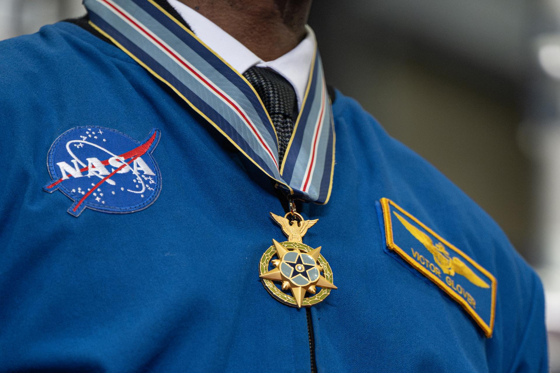 The Congressional Space Medal of Honor awarded to NASA astronaut Artemis II pilot Victor Glover is seen, Friday, Aug. 28, 2026, at NASA's Johnson Space Center in Houston, Texas. The Artemis II crew completed their approximately ten-day mission around the Moon in April 2026 and are the 31st, 32nd, 33rd, and 34th astronauts to receive the award. Photo Credit: (NASA/John Kraus)