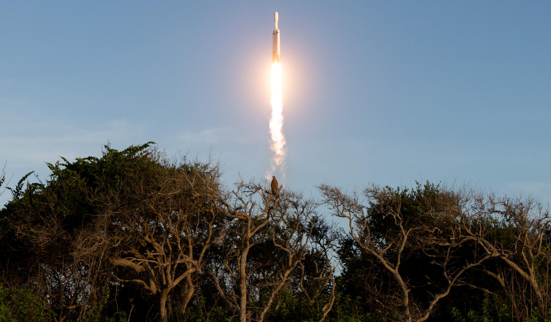 A SpaceX Falcon Heavy rocket launches with NASA’S Nancy Grace Roman Space Telescope onboard from Launch Complex 39A, Sunday, Aug. 30, 2026, at NASA’s Kennedy Space Center in Florida. Roman will investigate dark energy and dark matter, conduct a statistical census of planetary systems, and enable a broad range of additional astrophysics research. Launch occurred at 7:26 a.m. EDT. Photo Credit (NASA/Joel Kowsky)