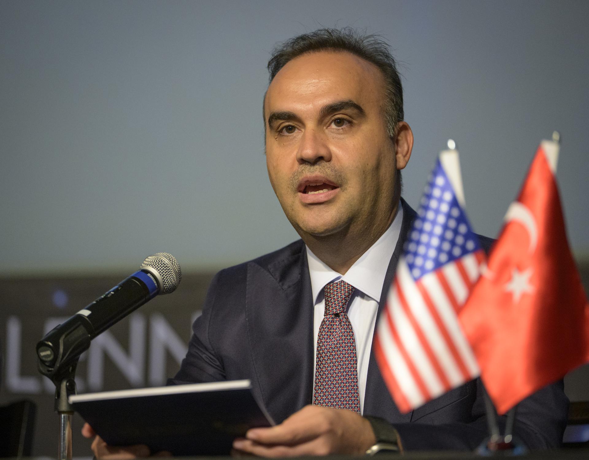 Turkish Minister of Industry and Technology, Mehmet Fatih Kacır gives remarks during an Artemis Accord signing ceremony Monday, August 31, 2026, at the Mary W. Jackson NASA Headquarters building in Washington. Türkiye is the 71st country to sign the Artemis Accords, which establish a practical set of principles to guide space exploration cooperation among nations participating in NASA’s Artemis program. Photo Credit: (NASA/Bill Ingalls)
