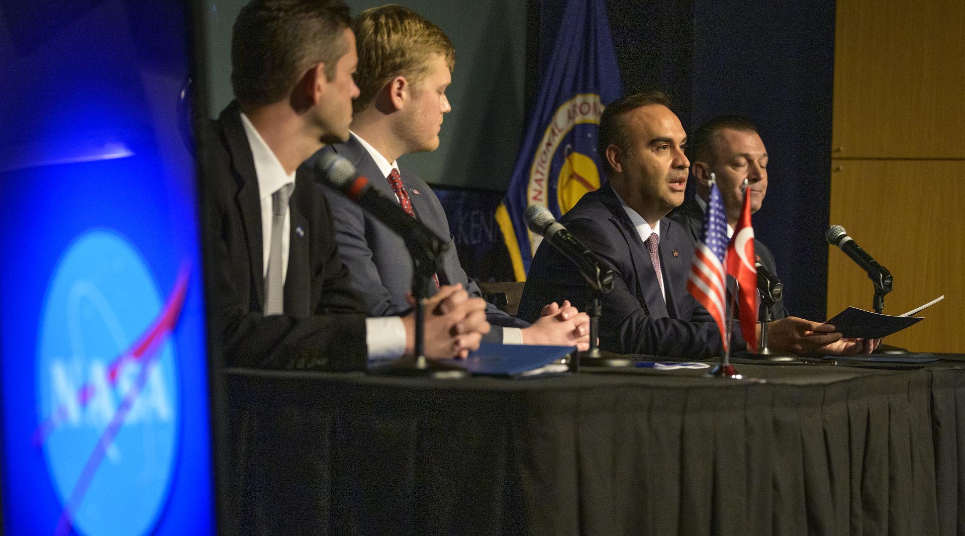Turkish Minister of Industry and Technology, Mehmet Fatih Kacır, 3rd from left, gives remarks during an Artemis Accord signing ceremony with the Republic of Türkiye Monday, August 31, 2026, at the Mary W. Jackson NASA Headquarters building in Washington. Türkiye is the 71st country to sign the Artemis Accords, which establish a practical set of principles to guide space exploration cooperation among nations participating in NASA’s Artemis program. Photo Credit: (NASA/Bill Ingalls)