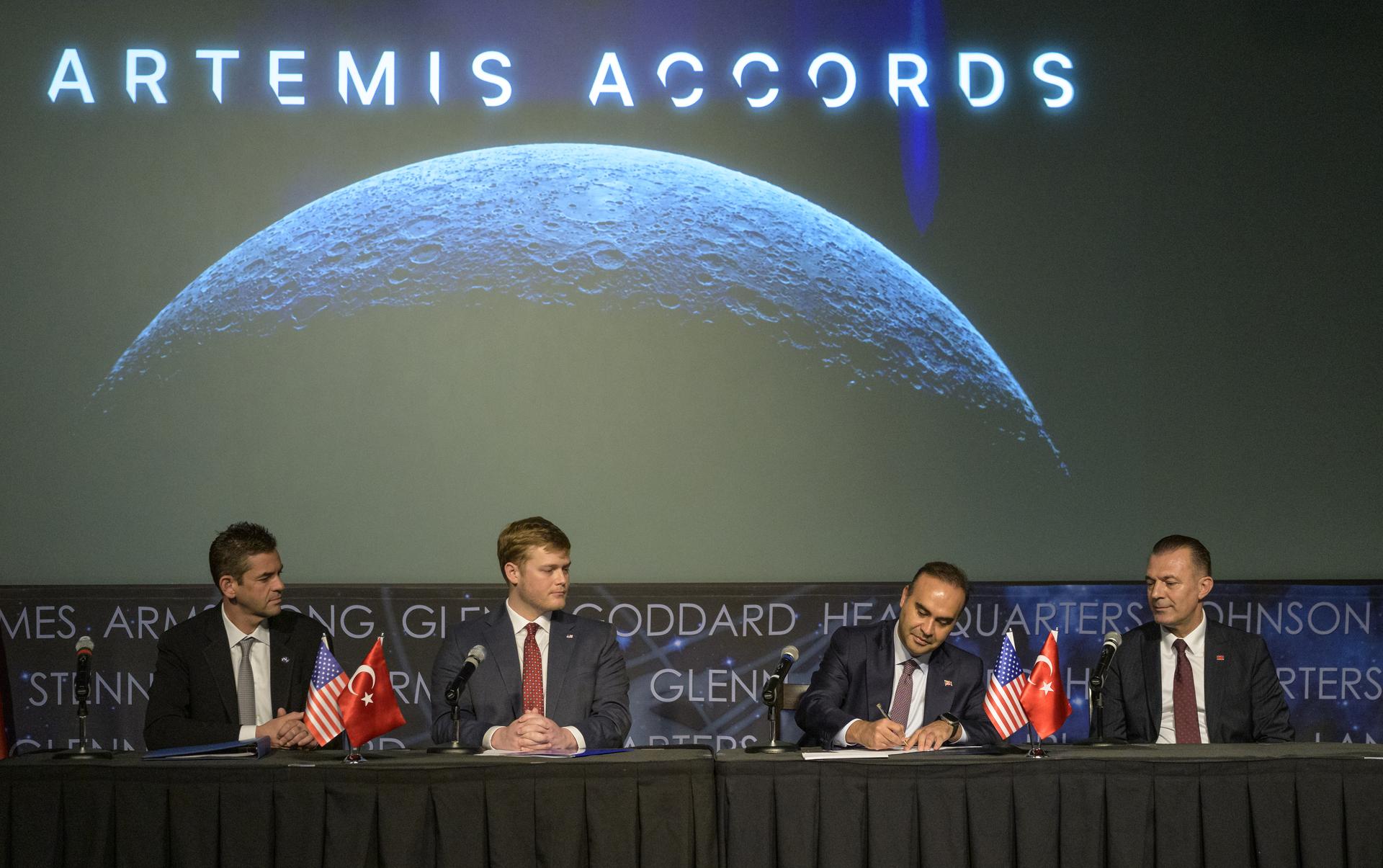 Turkish Minister of Industry and Technology, Mehmet Fatih Kacır, 3rd from left, signs the Artemis Accords for the Republic of Türkiye as NASA Administrator Jared Isaacman, left, U.S. Deputy Assistant Secretary of State for Space and Environment Connor Tomlinson, and Turkish Space Agency President, Yusuf Kıraç, right, look on, Monday, August 31, 2026, at the Mary W. Jackson NASA Headquarters building in Washington. Türkiye is the 71st country to sign the Artemis Accords, which establish a practical set of principles to guide space exploration cooperation among nations participating in NASA’s Artemis program. Photo Credit: (NASA/Bill Ingalls)