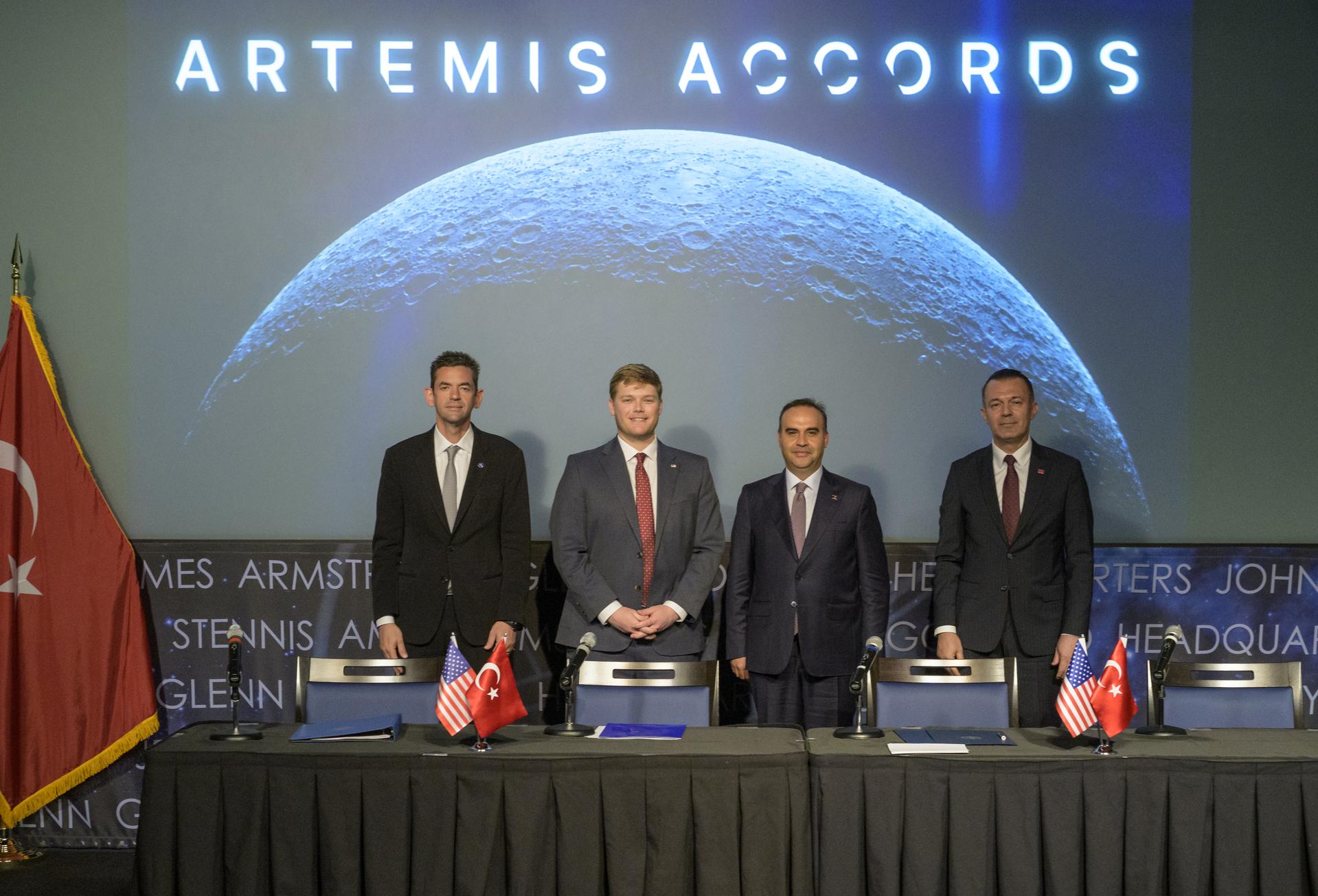 NASA Administrator Jared Isaacman, left, U.S. Deputy Assistant Secretary of State for Space and Environment Connor Tomlinson, Turkish Minister of Industry and Technology, Mehmet Fatih Kacır, and Turkish Space Agency President, Yusuf Kıraç, right, pose for a group photograph after the signing of the Artemis Accords with the Republic of Türkiye, Monday, August 31, 2026, at the Mary W. Jackson NASA Headquarters building in Washington. Türkiye is the 71st country to sign the Artemis Accords, which establish a practical set of principles to guide space exploration cooperation among nations participating in NASA’s Artemis program. Photo Credit: (NASA/Bill Ingalls)