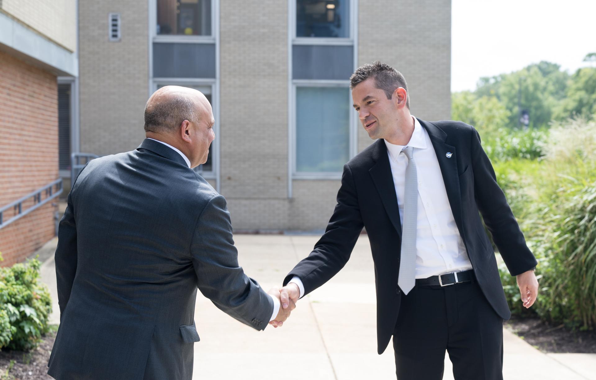 NASA Administrator Jared Isaacman, right, greets Goddard Space Flight Center director Jamie Dunn during an event held to celebrate the launch of NASA’s Nancy Grace Roman Space Telescope, Tuesday, Sept. 1, 2026, at NASA’s Goddard Space Flight Center in Greenbelt, Maryland. Photo Credit: (NASA/Aubrey Gemignani)