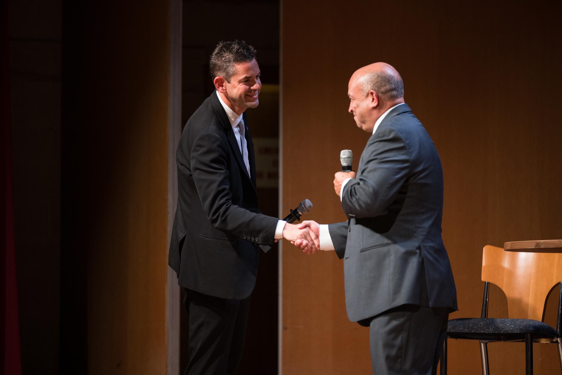 Goddard Space Flight Center director Jamie Dunn, right, introduces NASA Administrator Jared Isaacman during an event held to celebrate the launch of NASA’s Nancy Grace Roman Space Telescope, Tuesday, Sept. 1, 2026, at NASA’s Goddard Space Flight Center in Greenbelt, Maryland. Photo Credit: (NASA/Aubrey Gemignani)