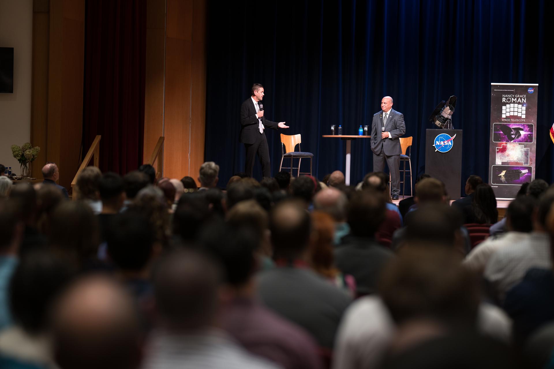 NASA Administrator Jared Isaacman, left, provides remarks while Goddard Space Flight Center director Jamie Dunn looks on during an event held to celebrate the launch of the Nancy Grace Roman Space Telescope, Tuesday, Sept. 1, 2026, at NASA’s Goddard Space Flight Center in Greenbelt, Maryland. Photo Credit: (NASA/Aubrey Gemignani)