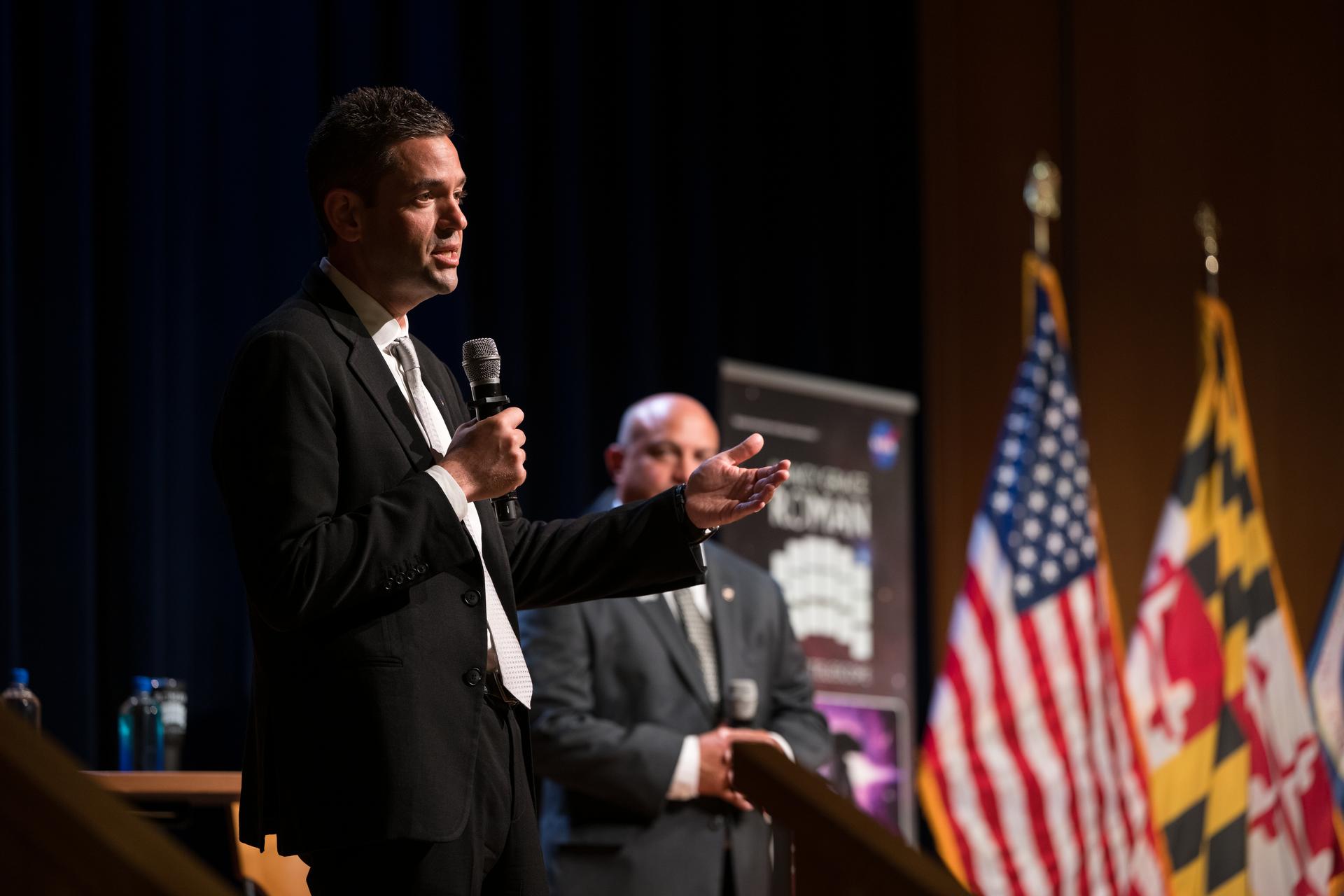 NASA Administrator Jared Isaacman, left, provides remarks while Goddard Space Flight Center director Jamie Dunn looks on during an event held to celebrate the launch of the Nancy Grace Roman Space Telescope, Tuesday, Sept. 1, 2026, at NASA’s Goddard Space Flight Center in Greenbelt, Maryland. Photo Credit: (NASA/Aubrey Gemignani)