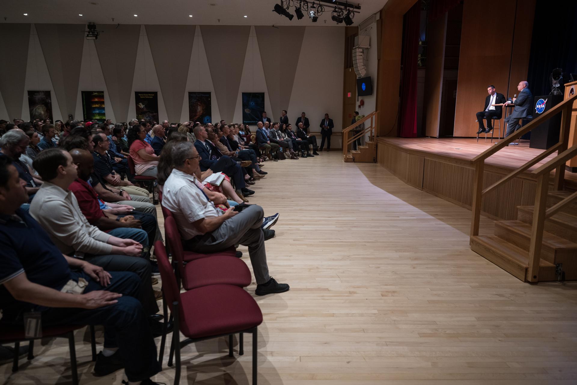 NASA Administrator Jared Isaacman, left, and Goddard Space Flight Center director Jamie Dunn, right, provide remarks during an event held to celebrate the launch of the Nancy Grace Roman Space Telescope, Tuesday, Sept. 1, 2026, at NASA’s Goddard Space Flight Center in Greenbelt, Maryland. Photo Credit: (NASA/Aubrey Gemignani)