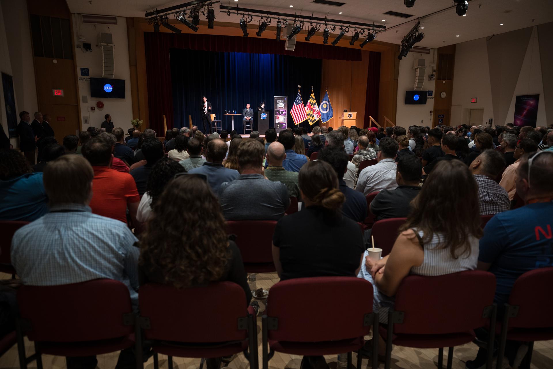 NASA Administrator Jared Isaacman, left, and Goddard Space Flight Center director Jamie Dunn, right, provide remarks during an event held to celebrate the launch of the Nancy Grace Roman Space Telescope, Tuesday, Sept. 1, 2026, at NASA’s Goddard Space Flight Center in Greenbelt, Maryland. Photo Credit: (NASA/Aubrey Gemignani)