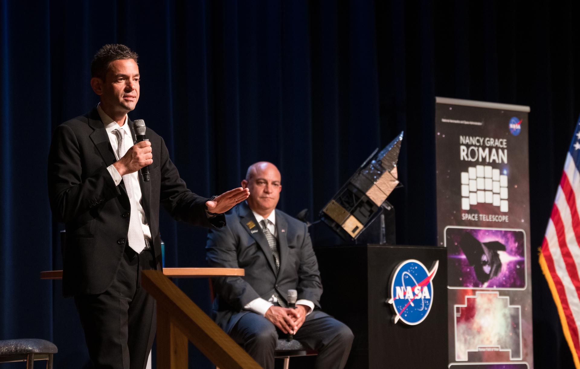 NASA Administrator Jared Isaacman, left, provides remarks while Goddard Space Flight Center director Jamie Dunn looks on during an event held to celebrate the launch of the Nancy Grace Roman Space Telescope, Tuesday, Sept. 1, 2026, at NASA’s Goddard Space Flight Center in Greenbelt, Maryland. Photo Credit: (NASA/Aubrey Gemignani)