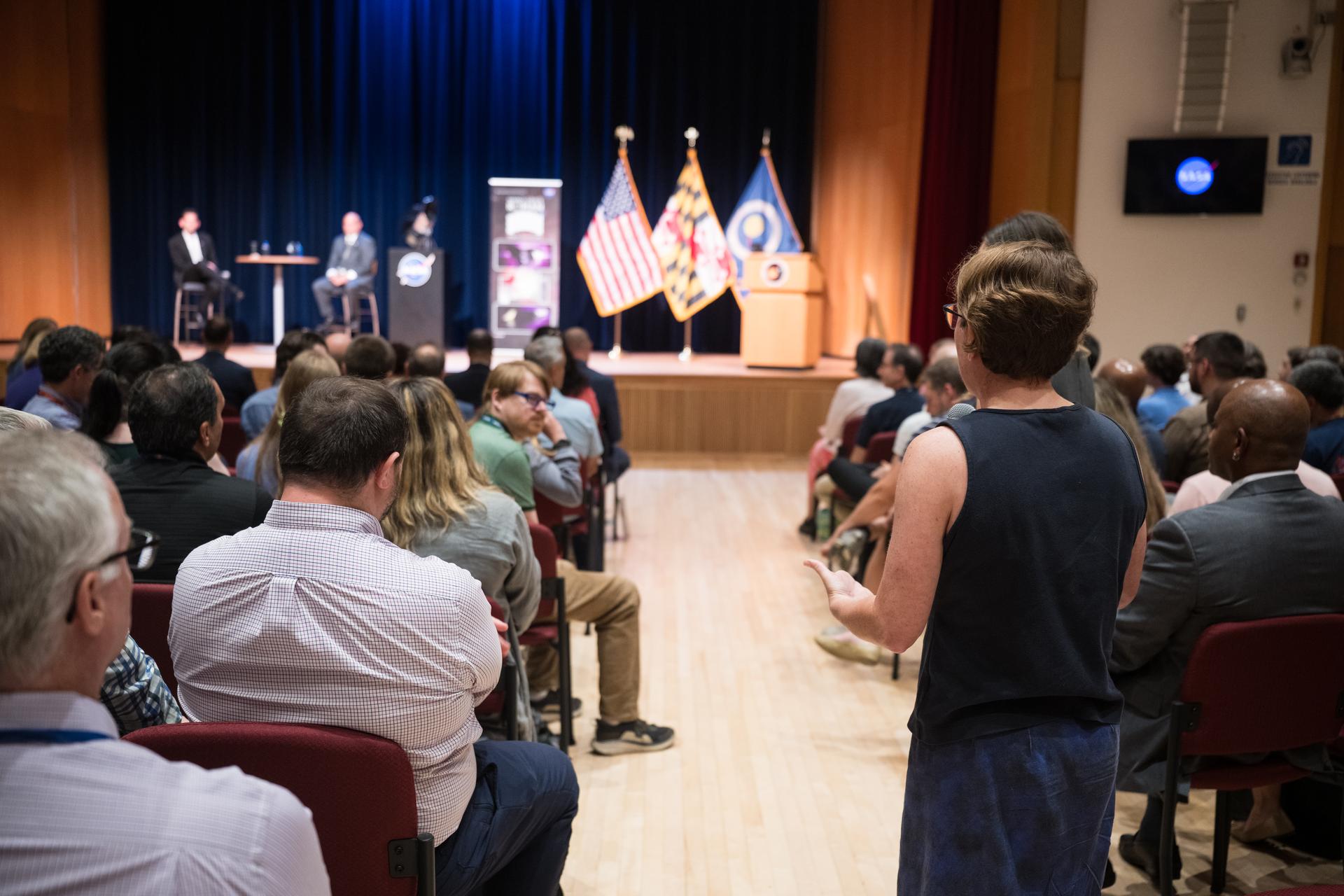 An audience member shares a comment with NASA Administrator Jared Isaacman during an event held to celebrate the launch of NASA’s Nancy Grace Roman Space Telescope, Tuesday, Sept. 1, 2026, at NASA’s Goddard Space Flight Center in Greenbelt, Maryland. Photo Credit: (NASA/Aubrey Gemignani)