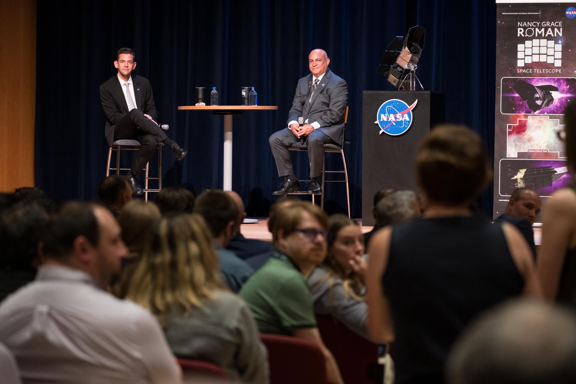 NASA Administrator Jared Isaacman, left, and Goddard Space Flight Center director Jamie Dunn listen to a comment by an audience member during an event held to celebrate the launch of the Nancy Grace Roman Space Telescope, Tuesday, Sept. 1, 2026, at NASA’s Goddard Space Flight Center in Greenbelt, Maryland. Photo Credit: (NASA/Aubrey Gemignani)