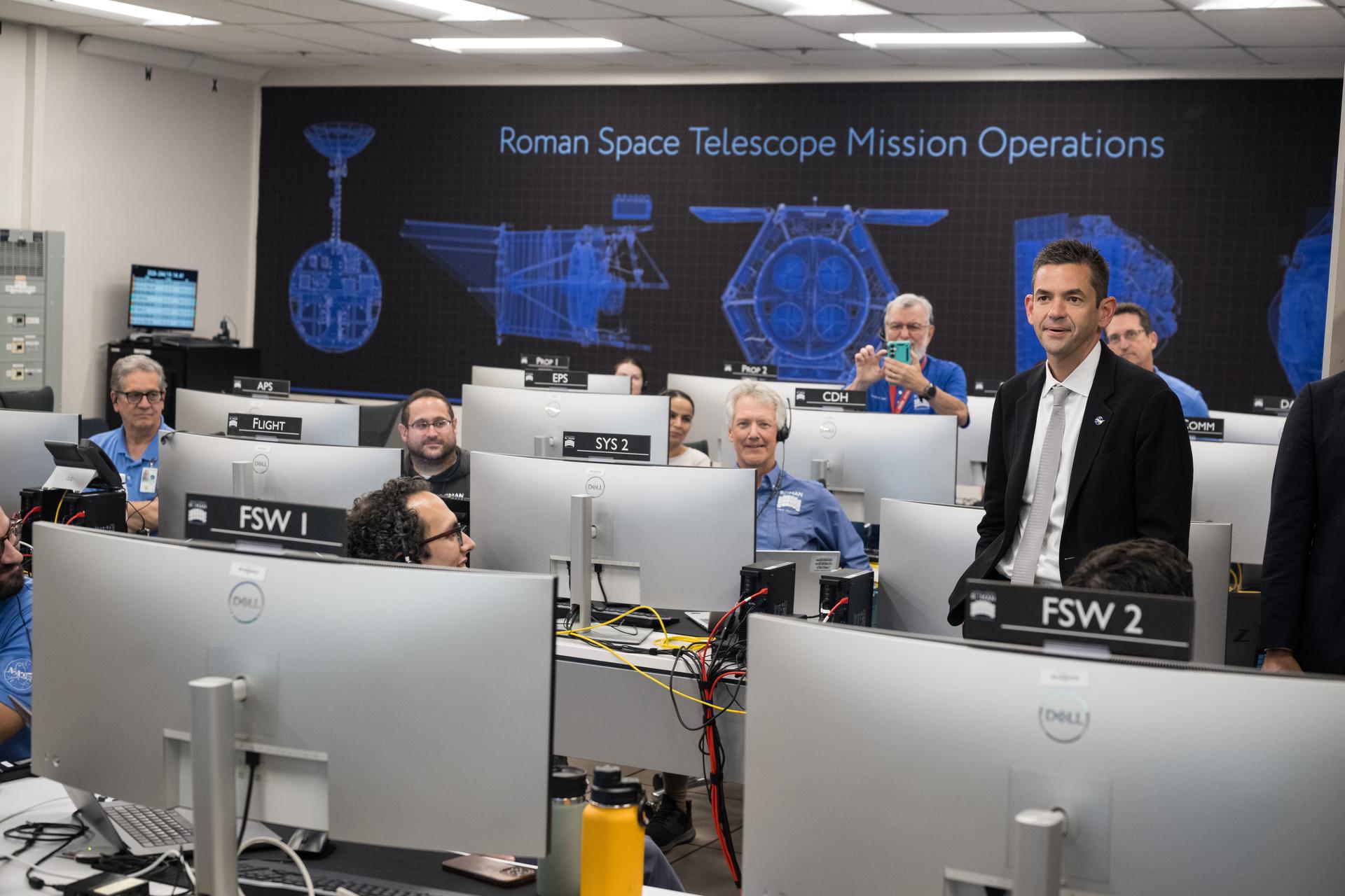 NASA Administrator Jared Isaacman greets employees in the Roman Space Telescope Launch Support Operations Center during an event held to celebrate the launch of the Nancy Grace Roman Space Telescope, Tuesday, Sept. 1, 2026, at NASA’s Goddard Space Flight Center in Greenbelt, Maryland. Photo Credit: (NASA/Aubrey Gemignani)