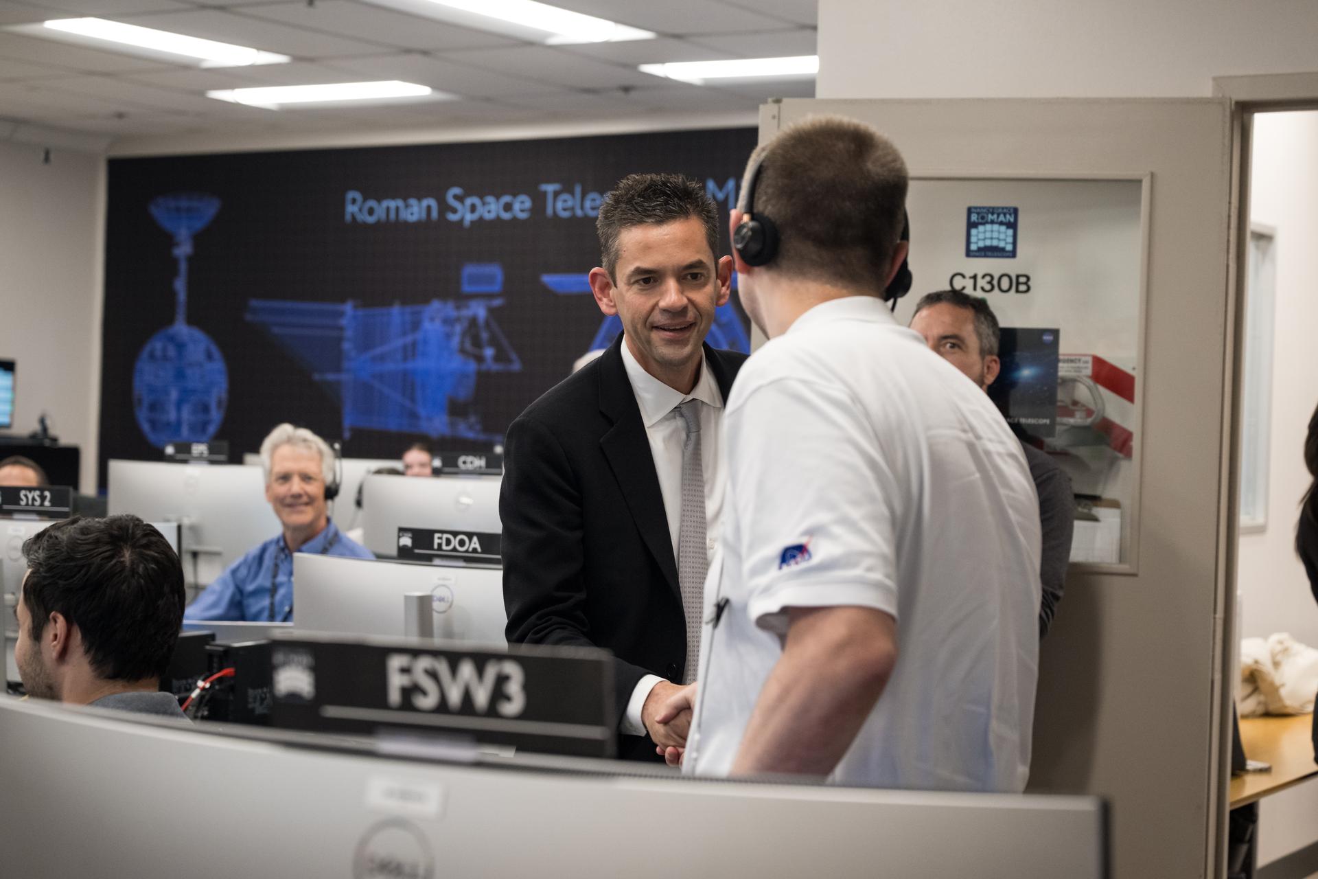 NASA Administrator Jared Isaacman greets employees in the Roman Space Telescope Launch Support Operations Center during an event held to celebrate the launch of the Nancy Grace Roman Space Telescope, Tuesday, Sept. 1, 2026, at NASA’s Goddard Space Flight Center in Greenbelt, Maryland. Photo Credit: (NASA/Aubrey Gemignani)