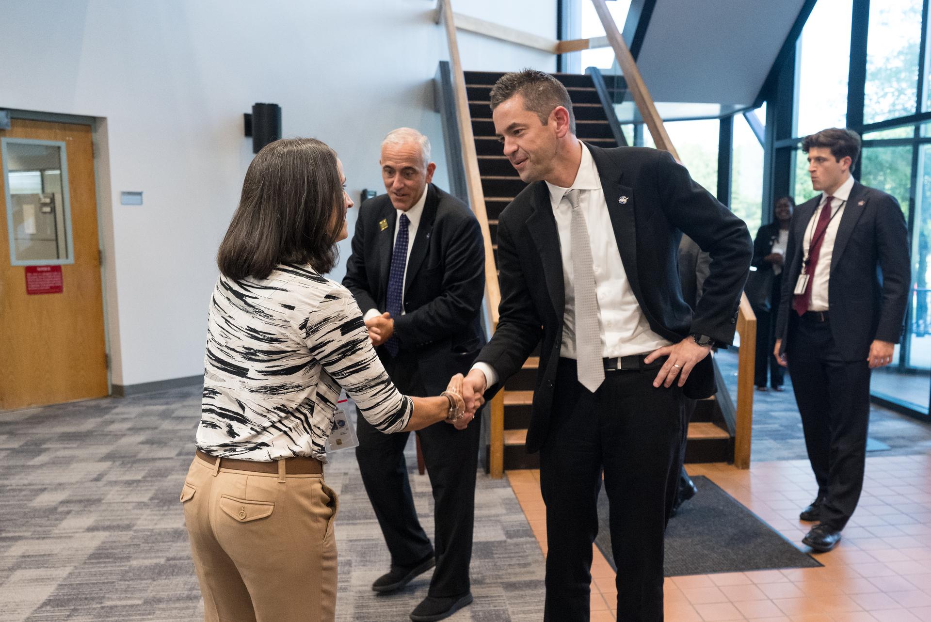 NASA Administrator Jared Isaacman greets Goddard Space Flight Center Search and Rescue Office Chief Lisa Mazzuca during an event held to celebrate the launch of NASA’s Nancy Grace Roman Space Telescope, Tuesday, Sept. 1, 2026, at NASA’s Goddard Space Flight Center in Greenbelt, Maryland. Photo Credit: (NASA/Aubrey Gemignani)