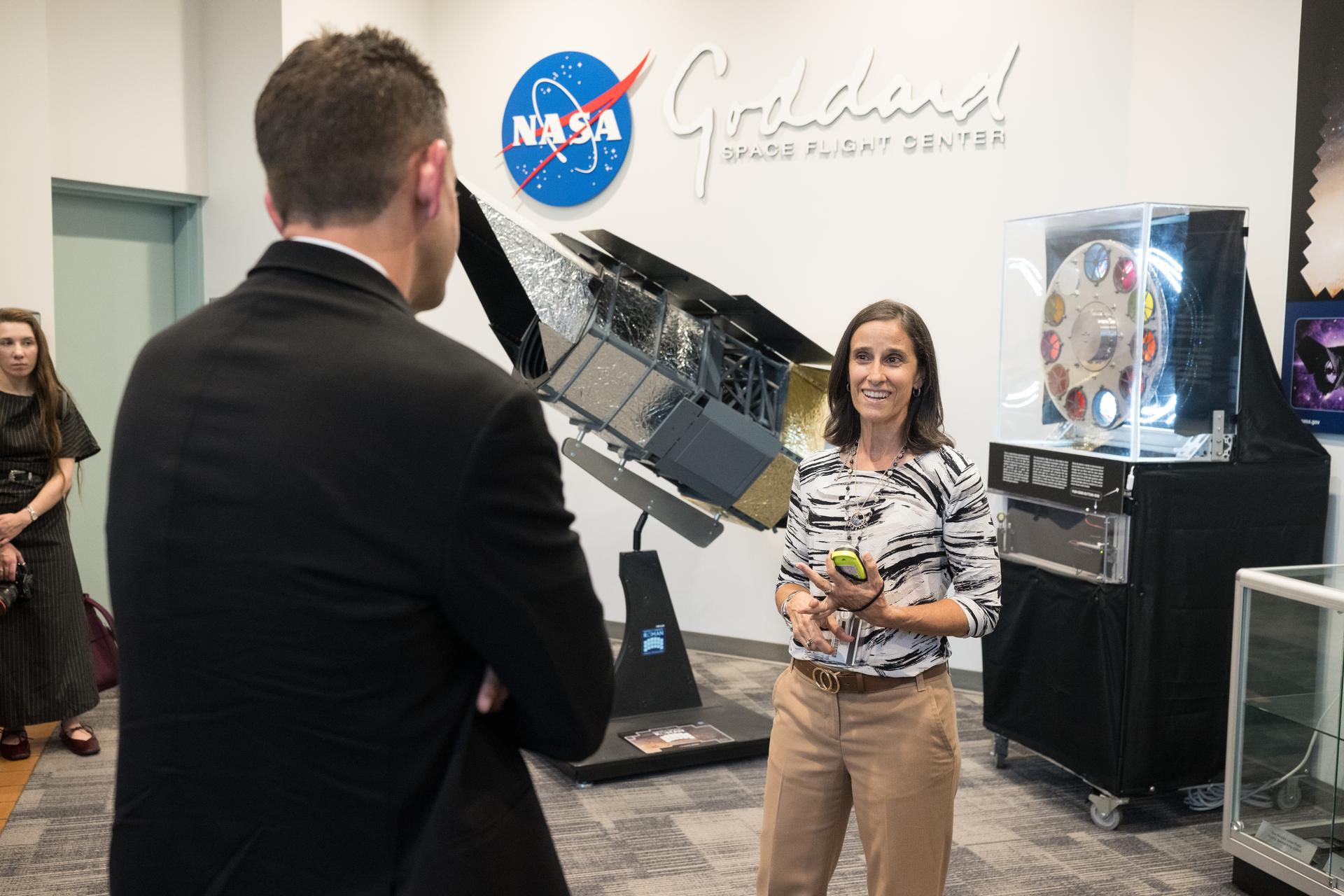 Goddard Space Flight Center Search and Rescue Office Chief Lisa Mazzuca speaks with NASA Administrator Jared Isaacman during an event held to celebrate the launch of NASA’s Nancy Grace Roman Space Telescope, Tuesday, Sept. 1, 2026, at NASA’s Goddard Space Flight Center in Greenbelt, Maryland. Photo Credit: (NASA/Aubrey Gemignani)