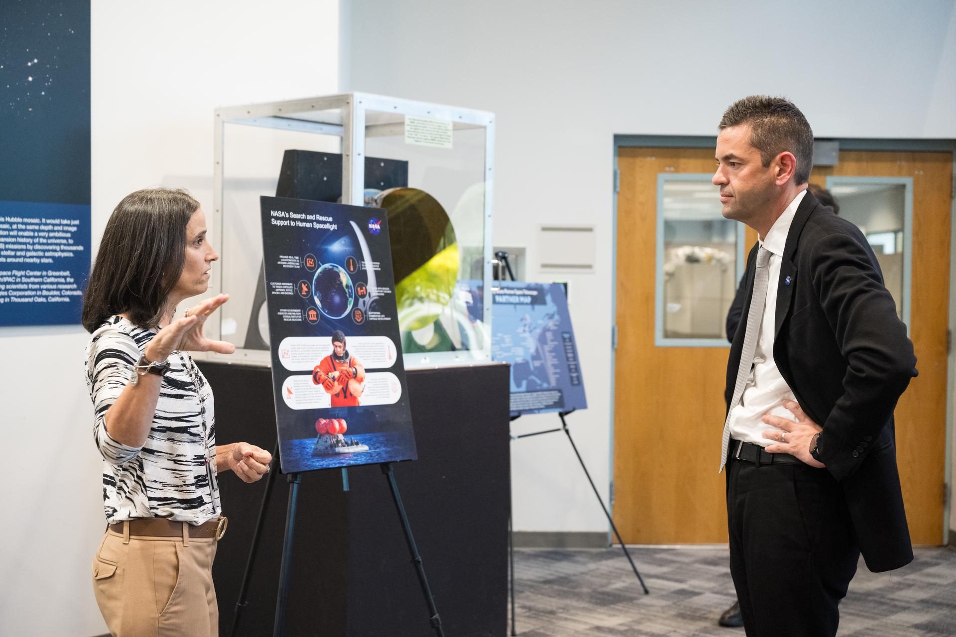 Goddard Space Flight Center Search and Rescue Office Chief Lisa Mazzuca speaks with NASA Administrator Jared Isaacman during an event held to celebrate the launch of NASA’s Nancy Grace Roman Space Telescope, Tuesday, Sept. 1, 2026, at NASA’s Goddard Space Flight Center in Greenbelt, Maryland. Photo Credit: (NASA/Aubrey Gemignani)