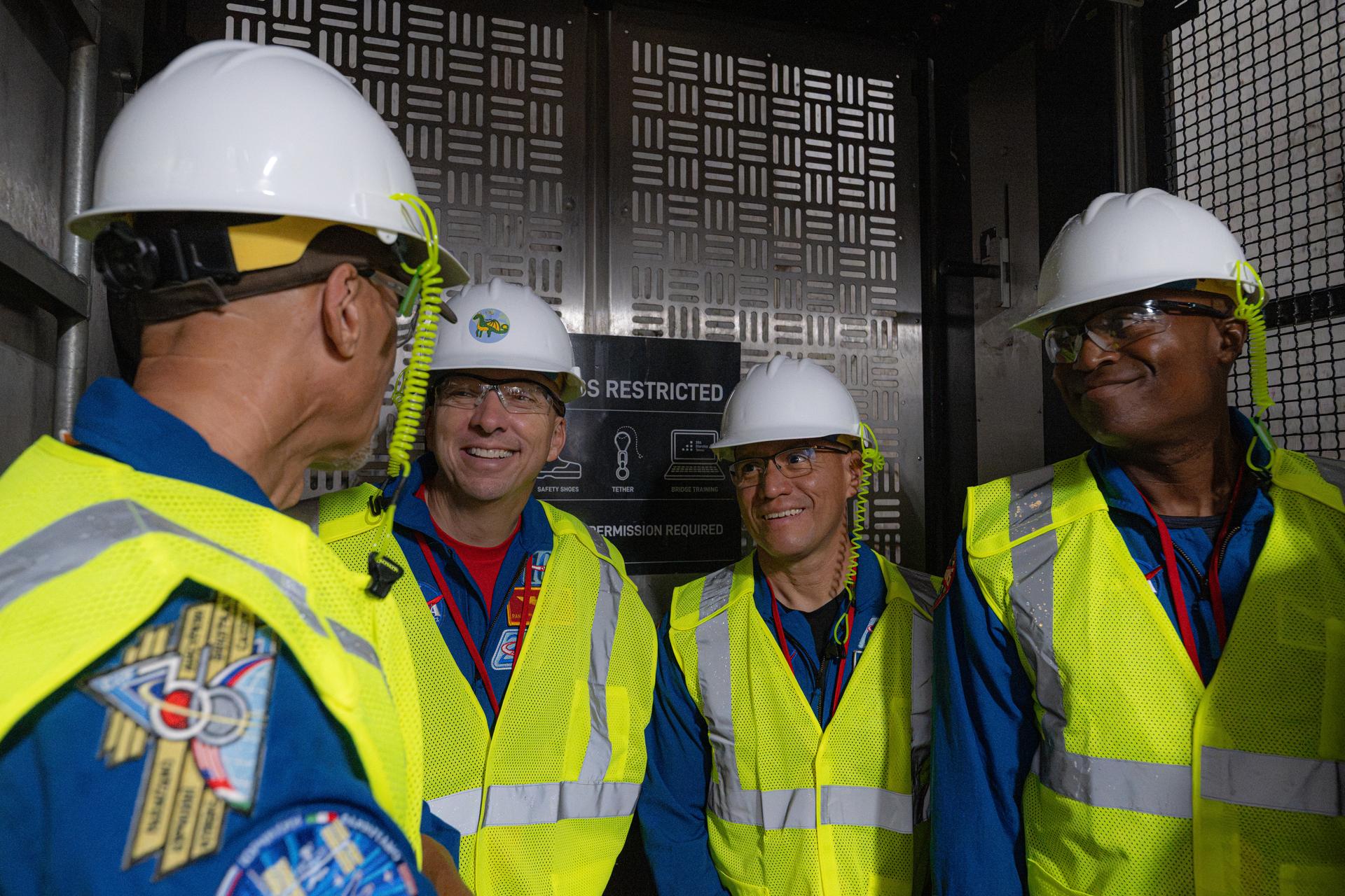 Artemis III crewmembers European Space Agency astronaut Luca Parmitano, pilot; and NASA astronauts Randy Bresnik, commander; Frank Rubio, mission specialist; and Andre Douglas, mission specialist, are seen in the Starship launch tower elevator at Launch Complex 39A, Thursday, Sept. 3, 2026, at NASA’s Kennedy Space Center in Florida. Photo Credit: (NASA/John Kraus)