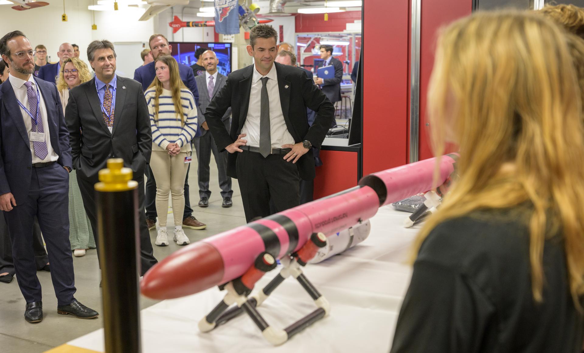 NASA Administrator Jared Isaacman, right, meets with Iowa Space Grant students, Tuesday, Sept. 8, 2026, at Iowa State University in Ames, Iowa. Photo Credit: (NASA/Bill Ingalls)