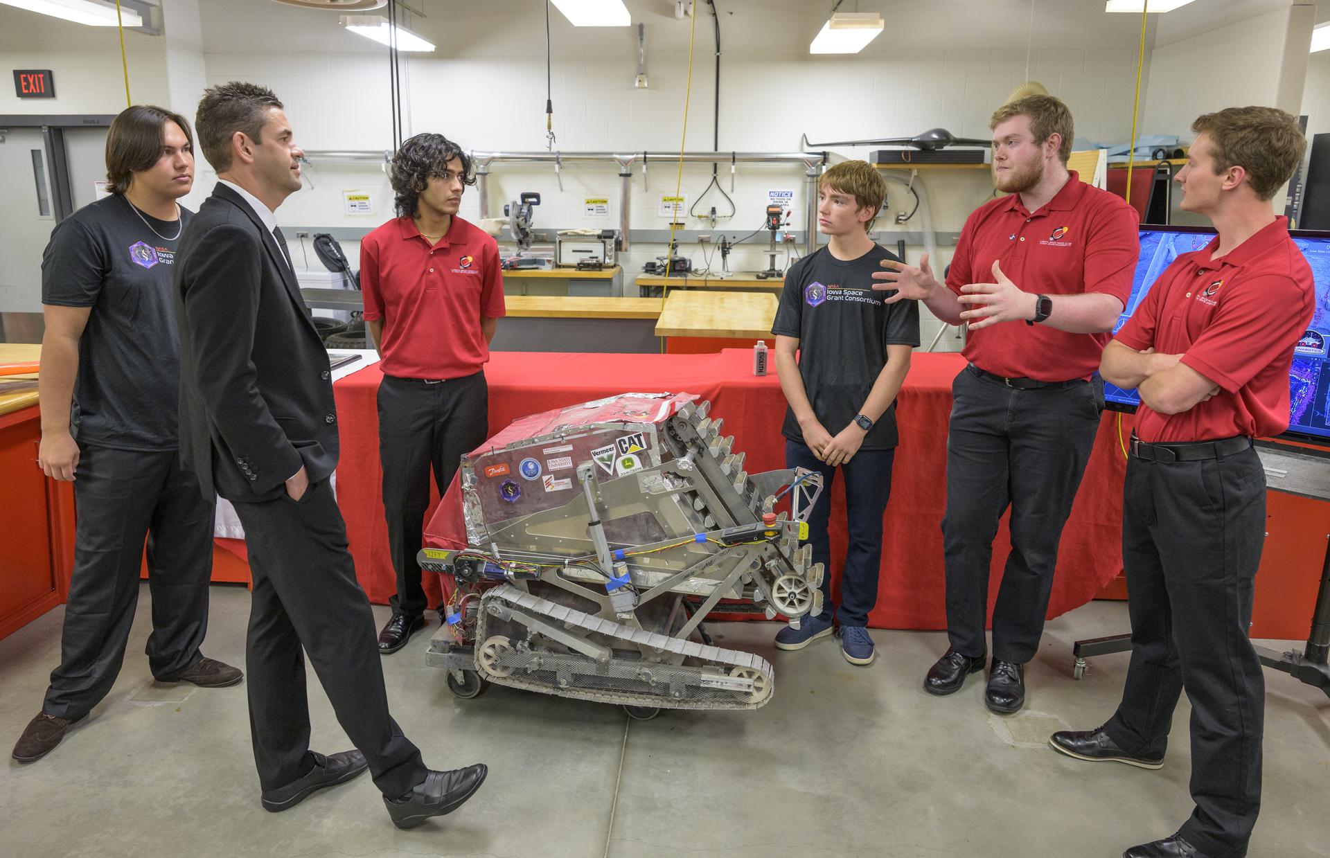 NASA Administrator Jared Isaacman, 2nd from left, meets with Iowa Space Grant students, Tuesday, Sept. 8, 2026, at Iowa State University in Ames, Iowa. Photo Credit: (NASA/Bill Ingalls)