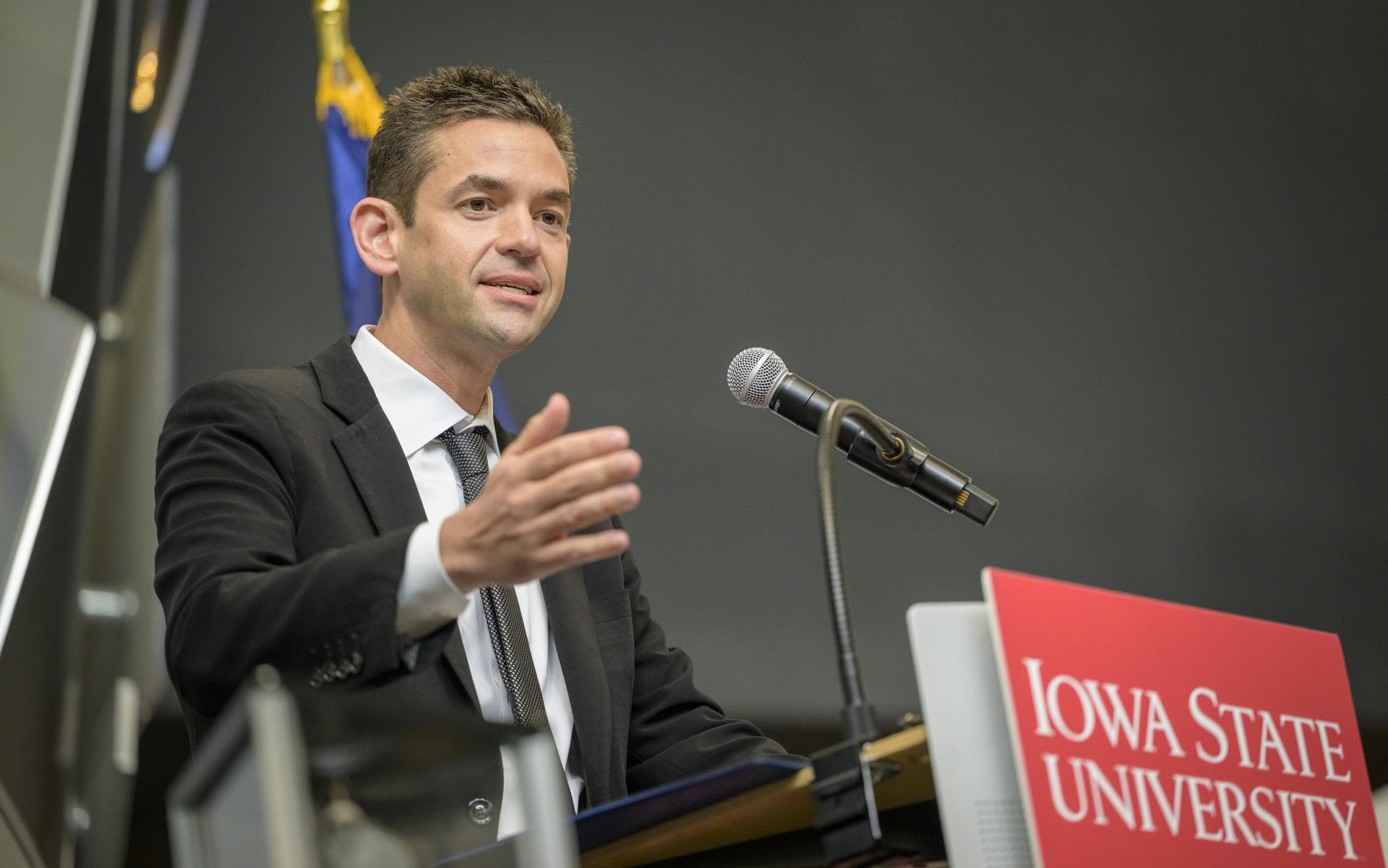 NASA Administrator Jared Isaacman gives remarks during a townhall with students, Tuesday, Sept. 8, 2026, at Iowa State University in Ames, Iowa. Photo Credit: (NASA/Bill Ingalls)