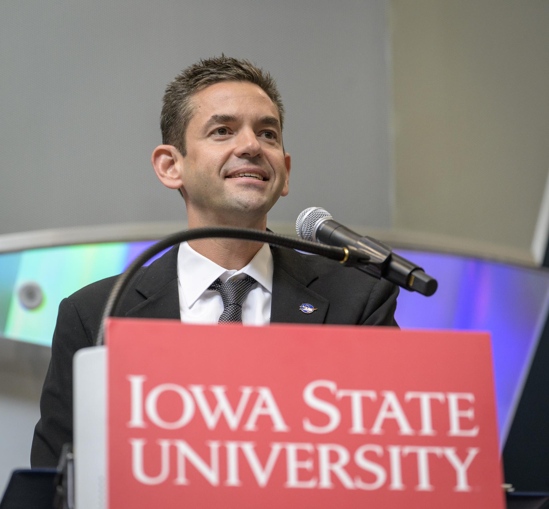 NASA Administrator Jared Isaacman gives remarks during a townhall with students, Tuesday, Sept. 8, 2026, at Iowa State University in Ames, Iowa. Photo Credit: (NASA/Bill Ingalls)