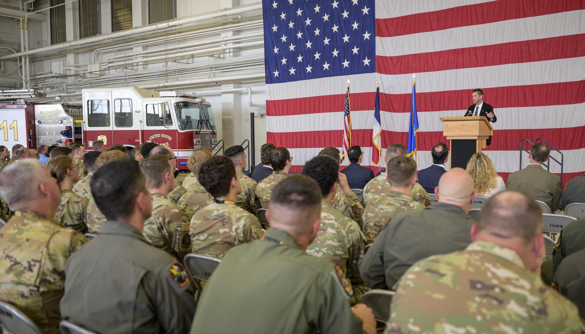 NASA Administrator Jared Isaacman, talks with members of the 132nd Air Wing, Tuesday, Sept. 8, 2026, in Des Moines, Iowa. Photo Credit: (NASA/Bill Ingalls)
