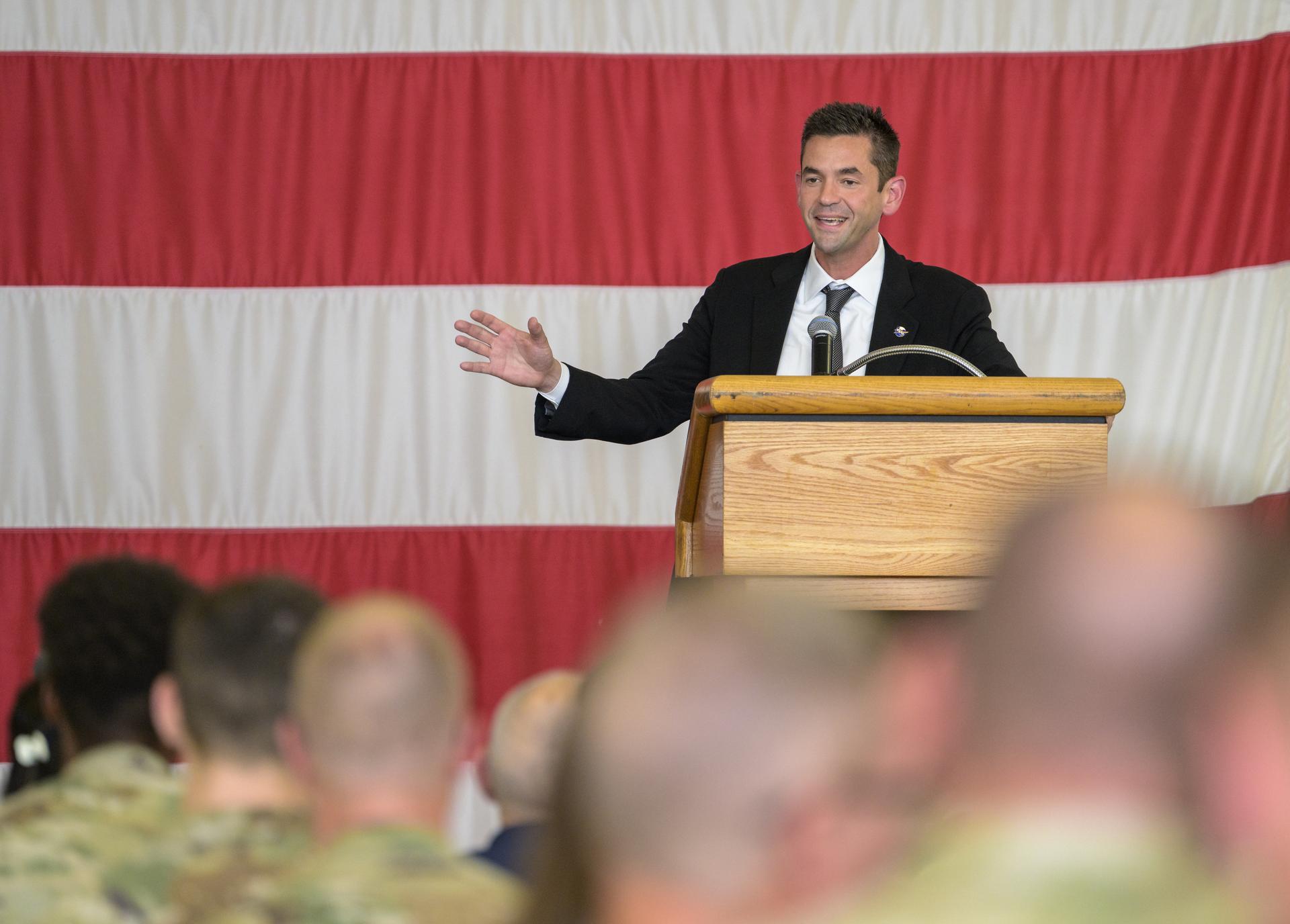 NASA Administrator Jared Isaacman, talks with members of the 132nd Air Wing, Tuesday, Sept. 8, 2026, in Des Moines, Iowa. Photo Credit: (NASA/Bill Ingalls)