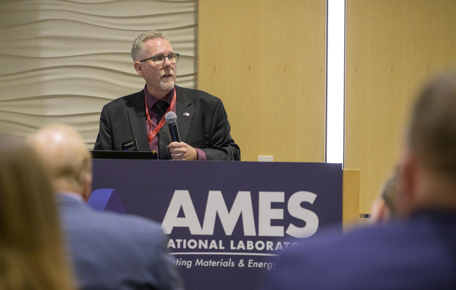Dr. Karl Mueller, Director, Ames National Laboratory, welcomes NASA Administrator Jared Isaacman to the lab, Tuesday, Sept. 8, 2026, on the campus of Iowa State University in Ames, Iowa. Photo Credit: (NASA/Bill Ingalls)