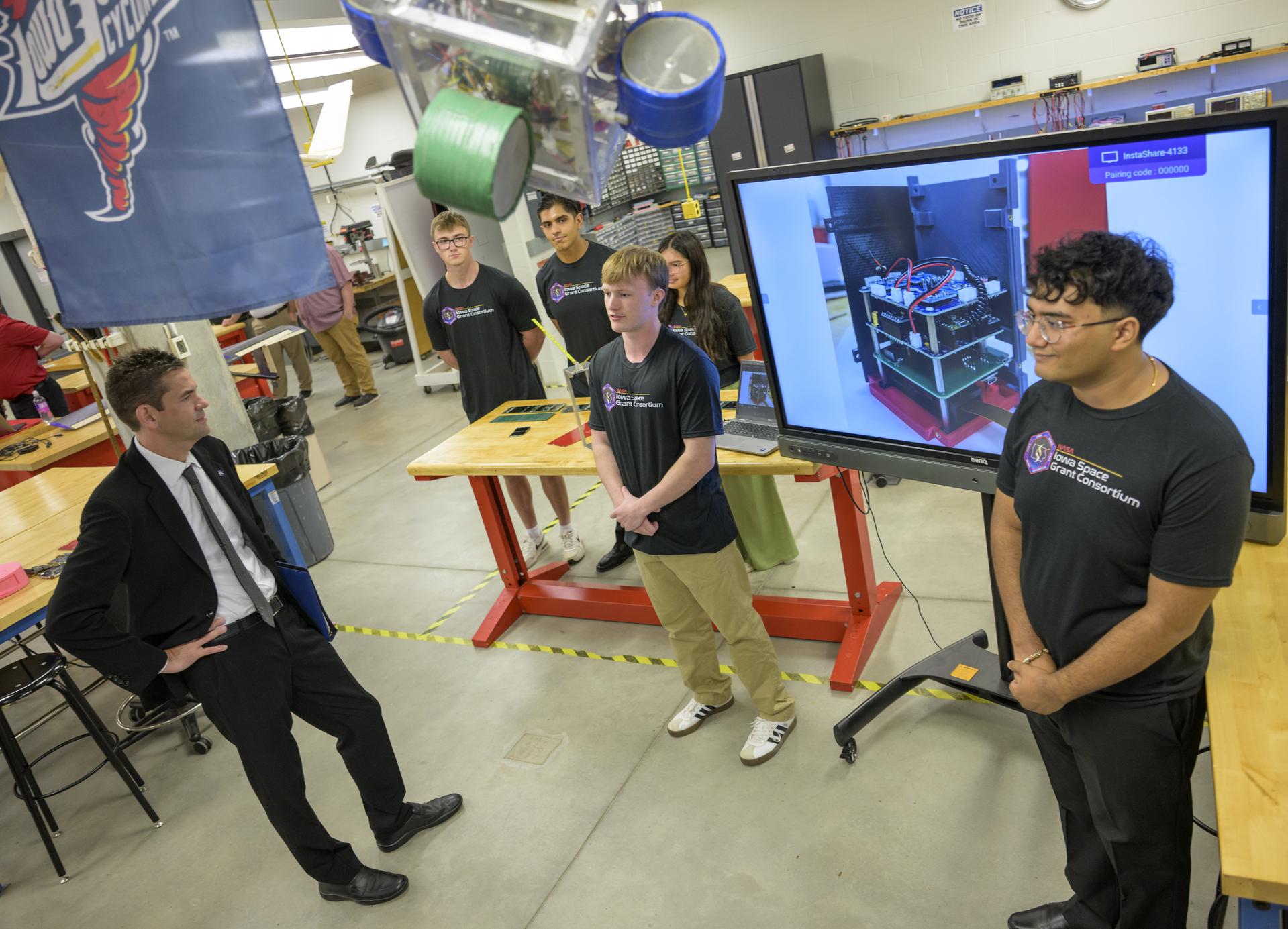 NASA Administrator Jared Isaacman, left, meets with Iowa Space Grant students, Tuesday, Sept. 8, 2026, at Iowa State University in Ames, Iowa. Photo Credit: (NASA/Bill Ingalls)