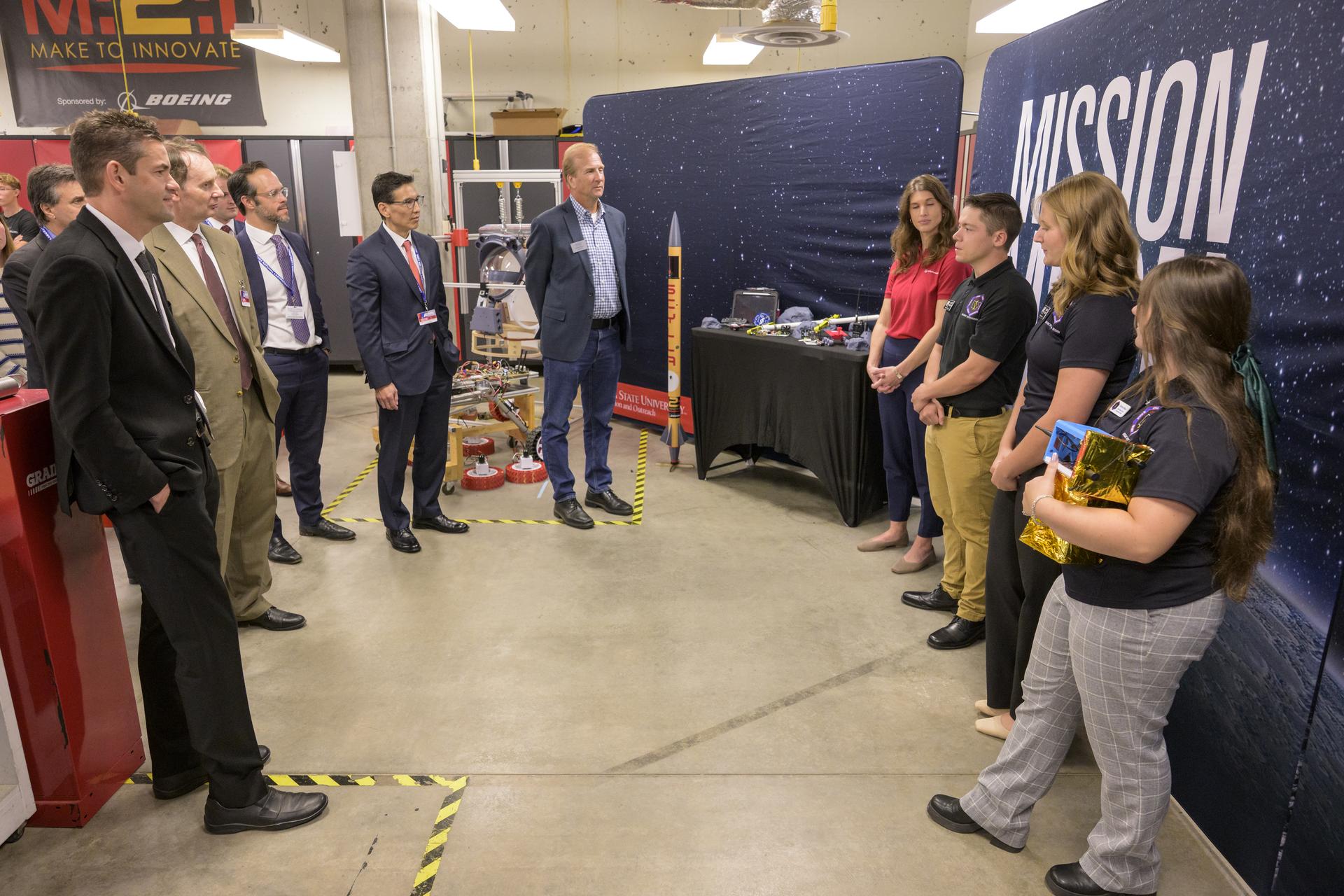 NASA Administrator Jared Isaacman, left, meets with Iowa Space Grant students, Tuesday, Sept. 8, 2026, at Iowa State University in Ames, Iowa. Photo Credit: (NASA/Bill Ingalls)